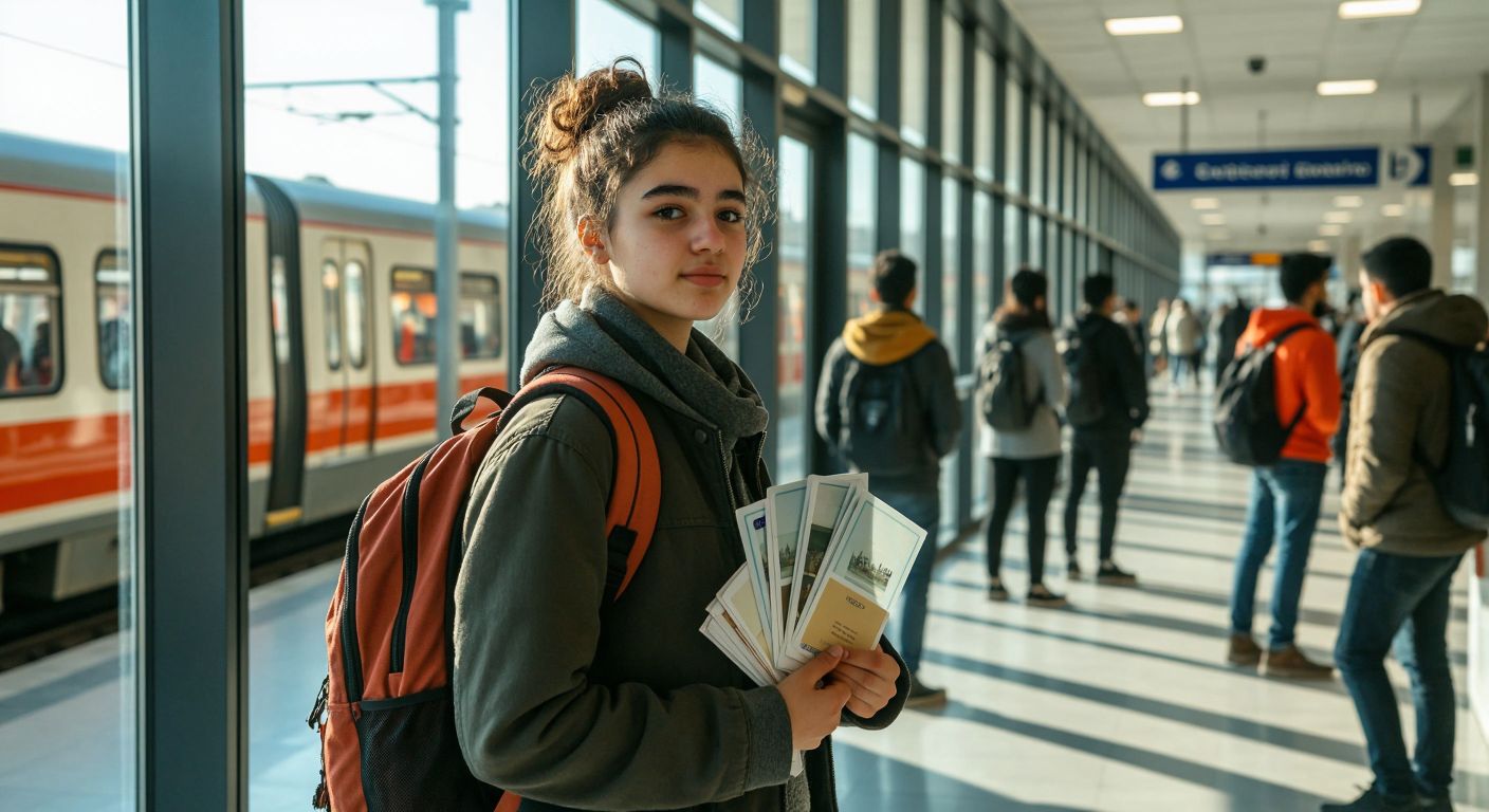 A young student in Ankara, wearing a backpack, holds a stack of documents (ID card, student certificate, and photos) while standing in line at a bright EGO office with a metro station visible through the window.