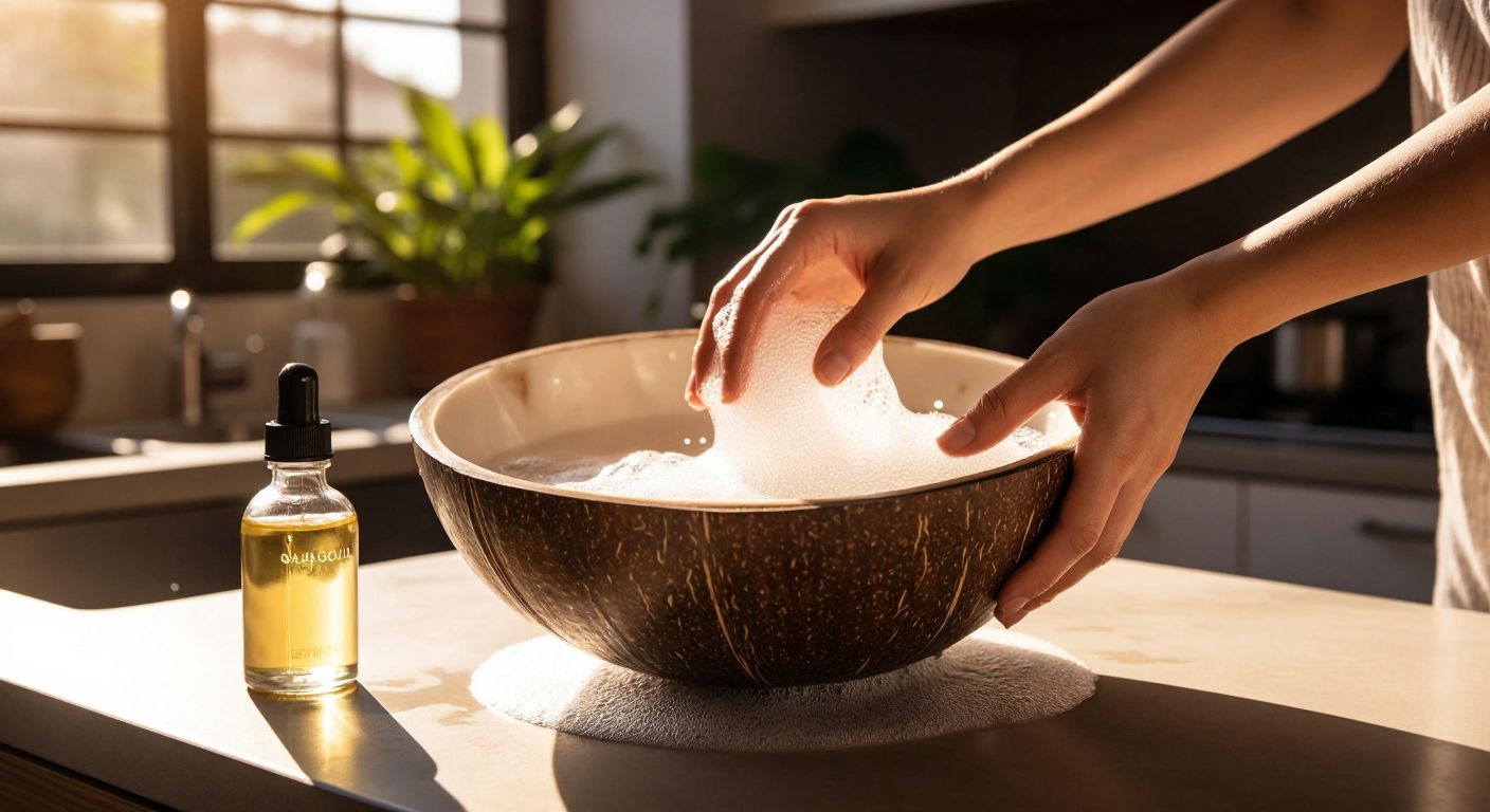 A pair of hands gently washing a pearlescent coconut bowl with warm soapy water in a sunlit Turkish kitchen, with a small bottle of coconut oil nearby for maintenance.