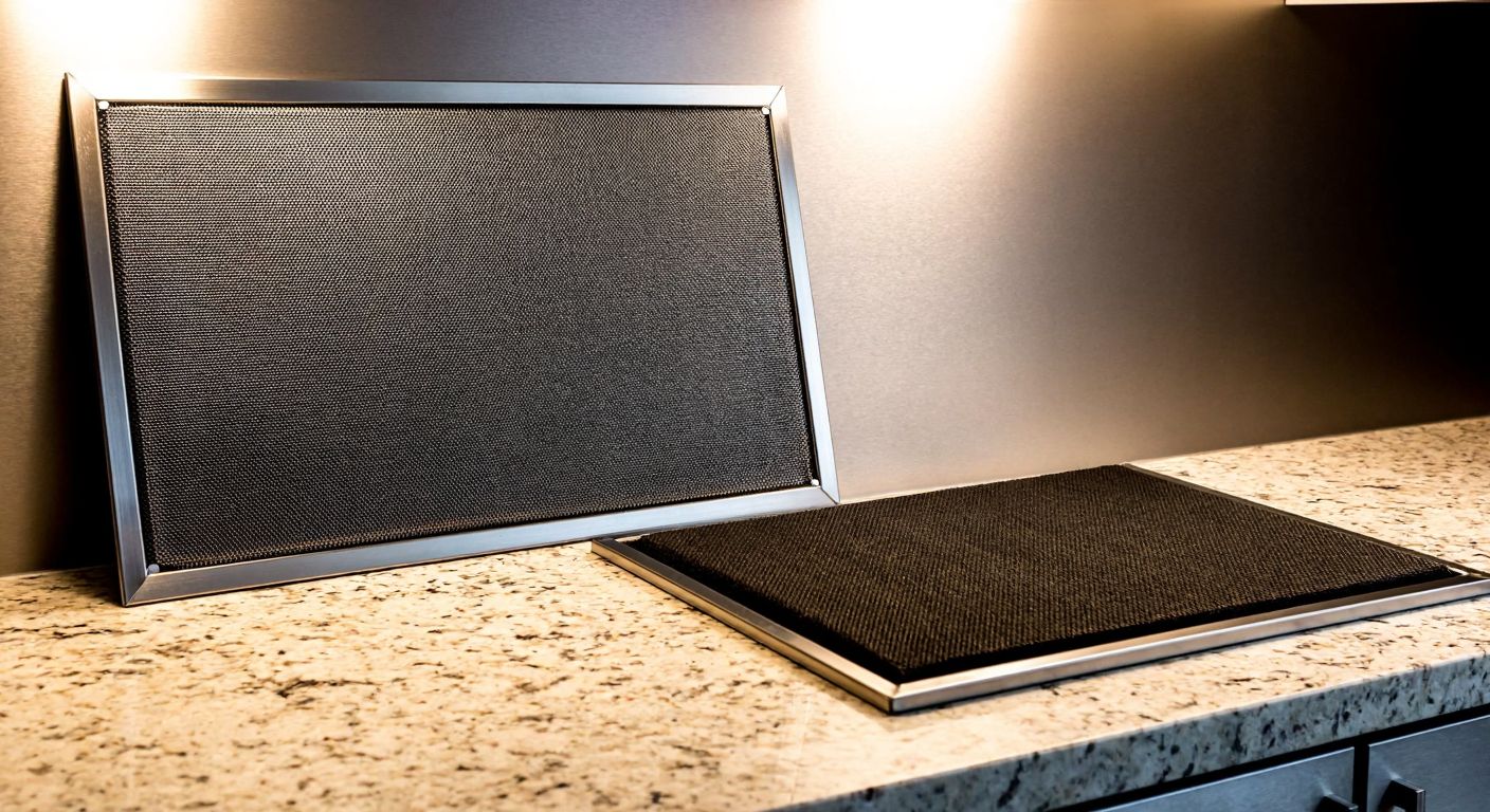A close-up of a stainless steel kitchen range hood with a mesh grease filter and a charcoal filter placed side by side on a marble countertop, under warm indoor lighting.