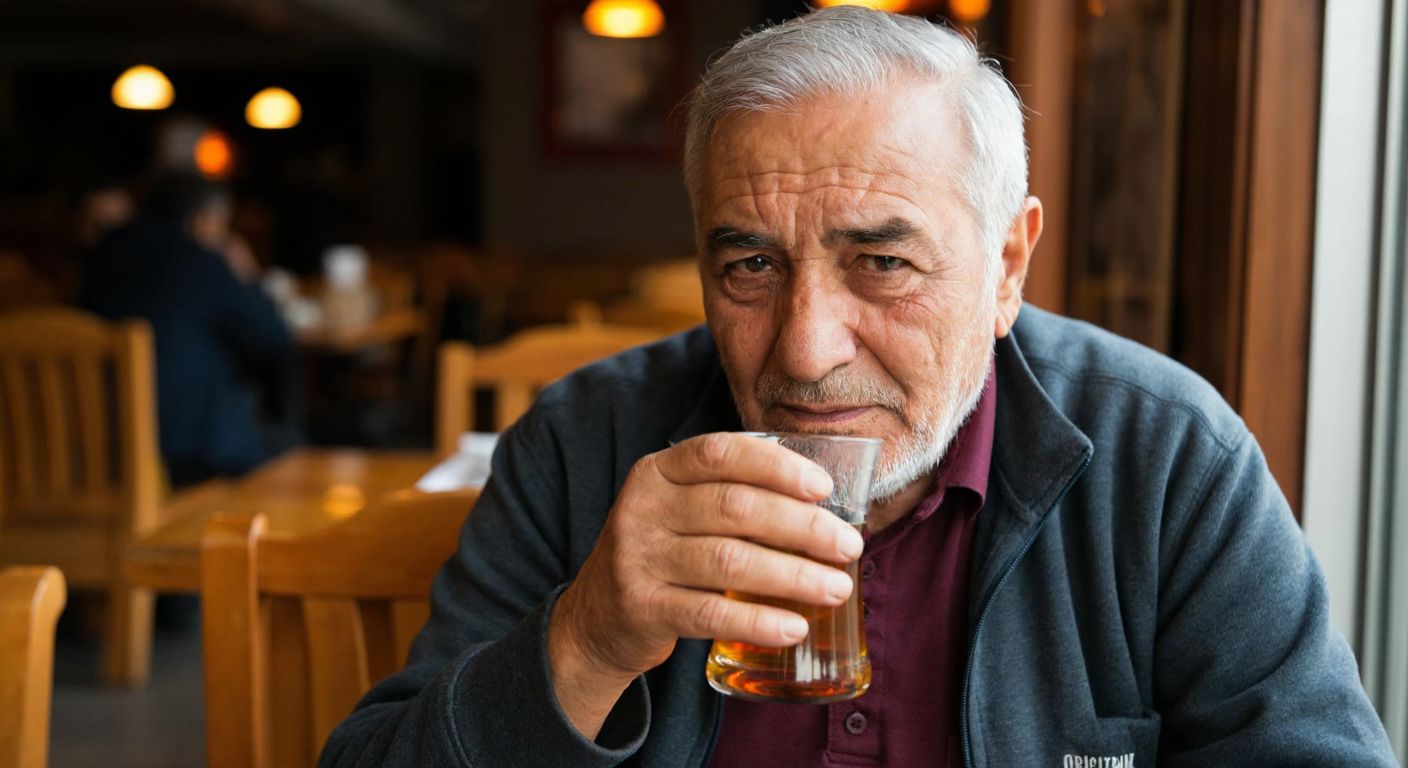 A thoughtful Turkish elder in a cozy Ankara café, sipping çay while reflecting deeply, with a warm glow of authenticity and wisdom in their eyes.