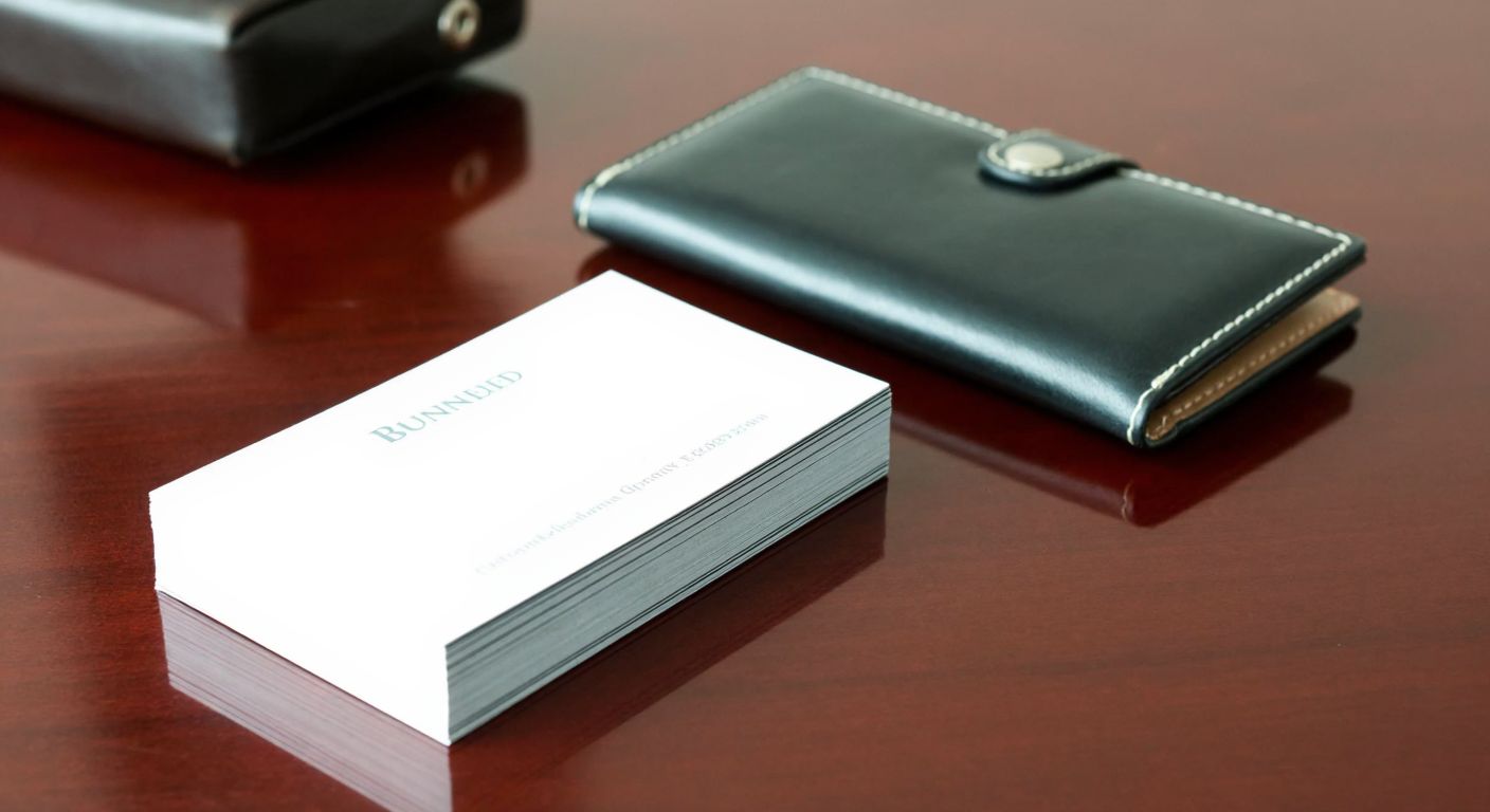 A neatly arranged stack of standard-sized business cards (8.5x5 cm) on a polished wooden desk, with a sleek leather wallet open beside them, showing a matching slot for the cards.