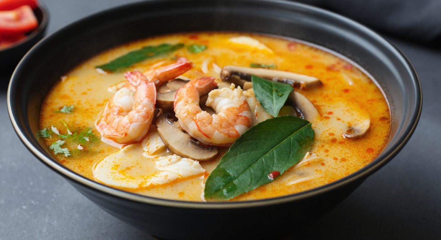 A steaming bowl of fragrant tom yum soup with plump shrimp, sliced mushrooms, and vibrant herbs like lemongrass and kaffir lime leaves floating in a golden, spicy broth.
