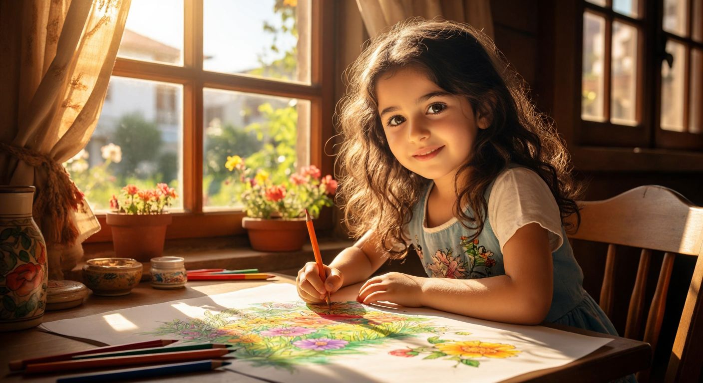 A young Turkish girl with dark hair and bright eyes sits at a wooden table, carefully coloring a vibrant picture of a garden with crayons, her face lit with focus and joy as sunlight streams through a nearby window.