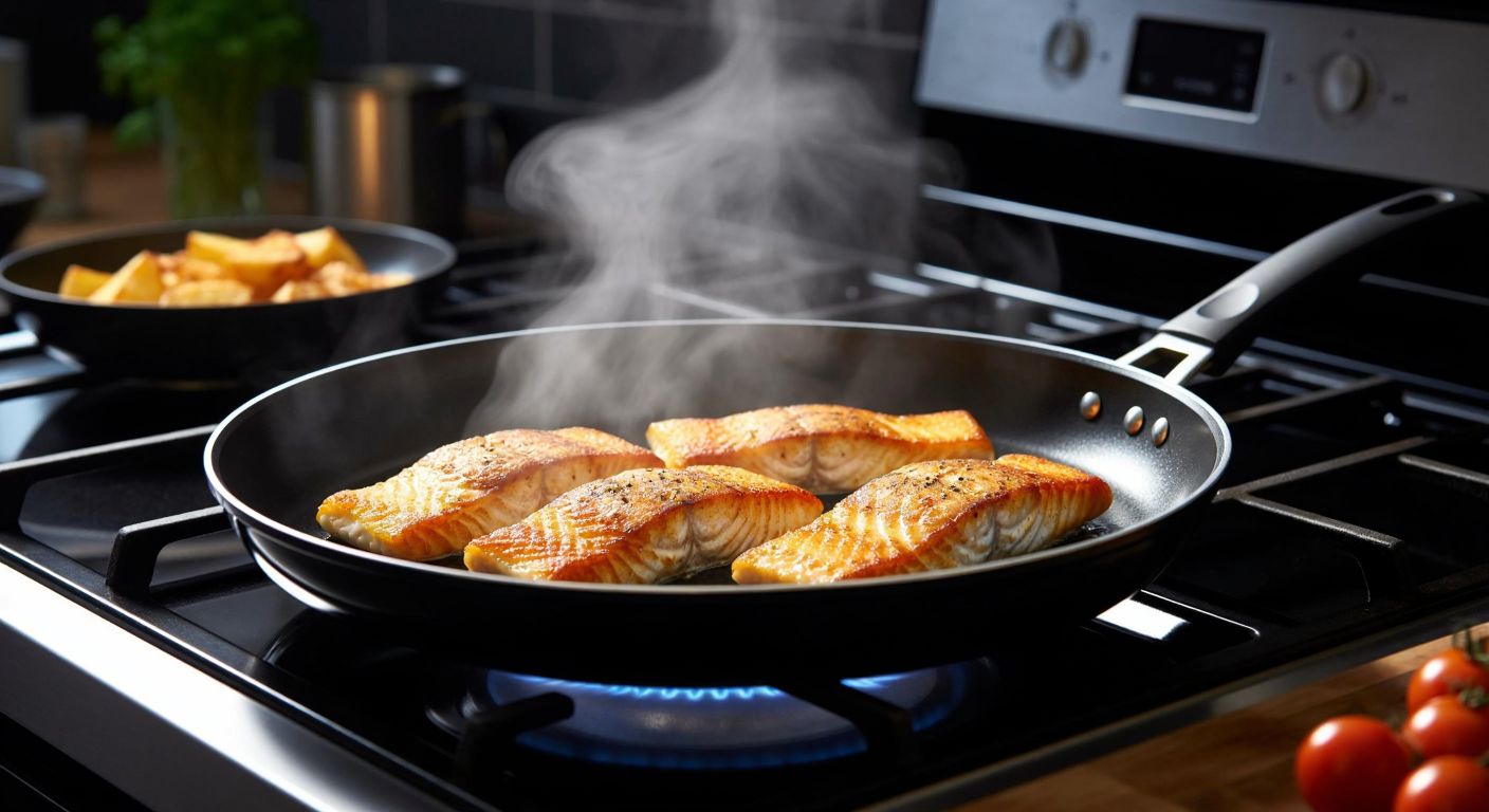 A gleaming black granite frying pan sits on a modern stovetop, its smooth surface reflecting warm kitchen lights while sizzling golden-brown fish fillets release aromatic steam.