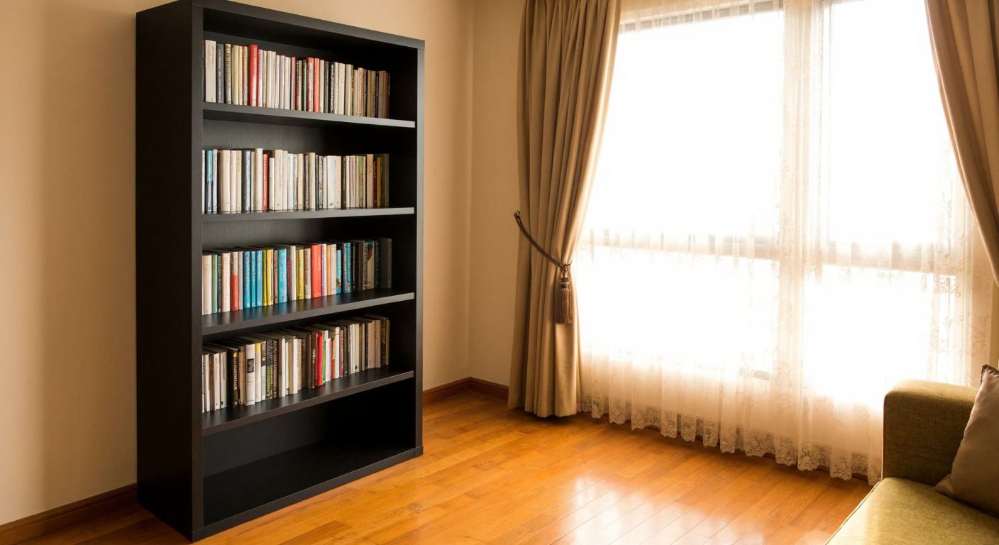 A sleek black bookshelf filled with neatly arranged books stands in a cozy Turkish living room with warm wooden floors and soft sunlight streaming through lace curtains.