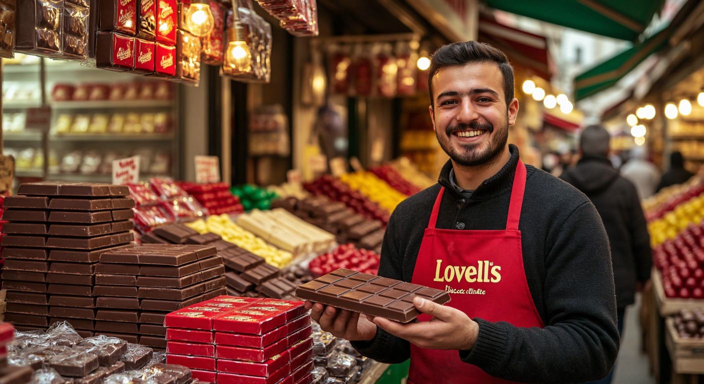 A vibrant Turkish marketplace with a smiling vendor holding a glossy red Lovells chocolate bar, surrounded by colorful stacks of other Yıldız Holding products under a warm golden light.