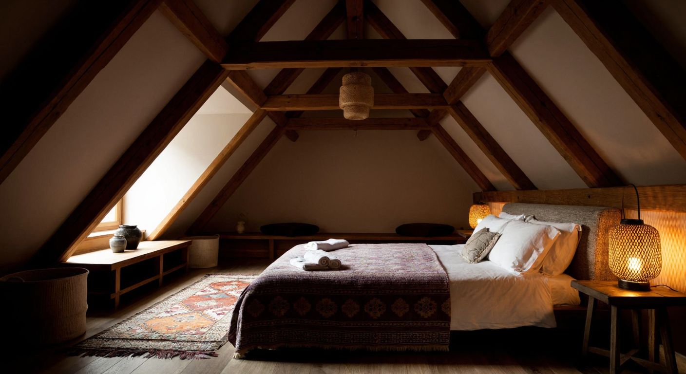 A cozy attic space in a Turkish home, transformed into a rustic bedroom with wooden beams, a low bed draped in woven textiles, and warm lantern light casting soft shadows on the sloped ceiling.