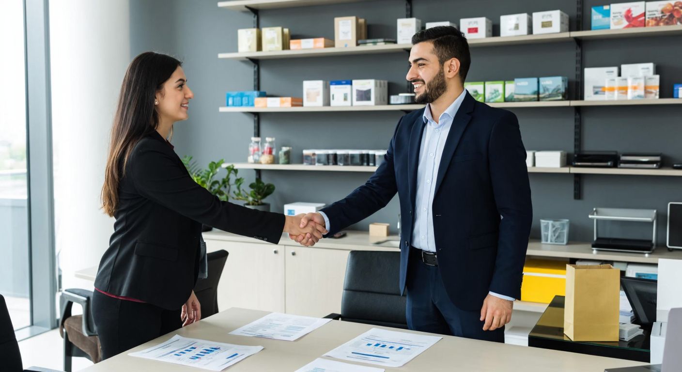 Two Turkish businesspeople in a modern office shaking hands over a table with documents, symbolizing a B2B transaction, while shelves with wholesale products like packaged goods and electronics are visible in the background.