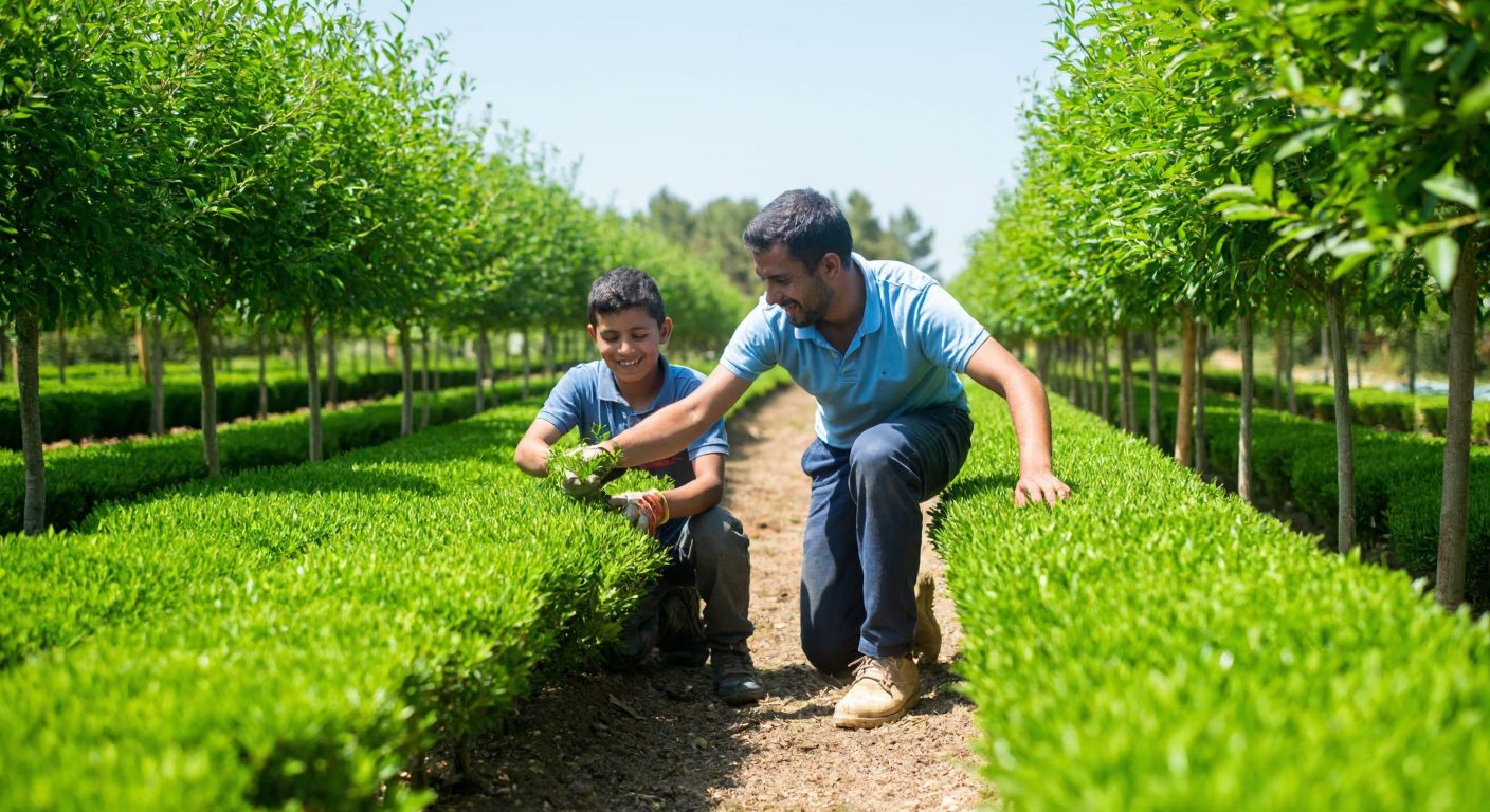 A lush green nursery in Torbalı, Izmir, with rows of young saplings under the warm sun, two brothers in casual work clothes smiling as they tend to the plants.