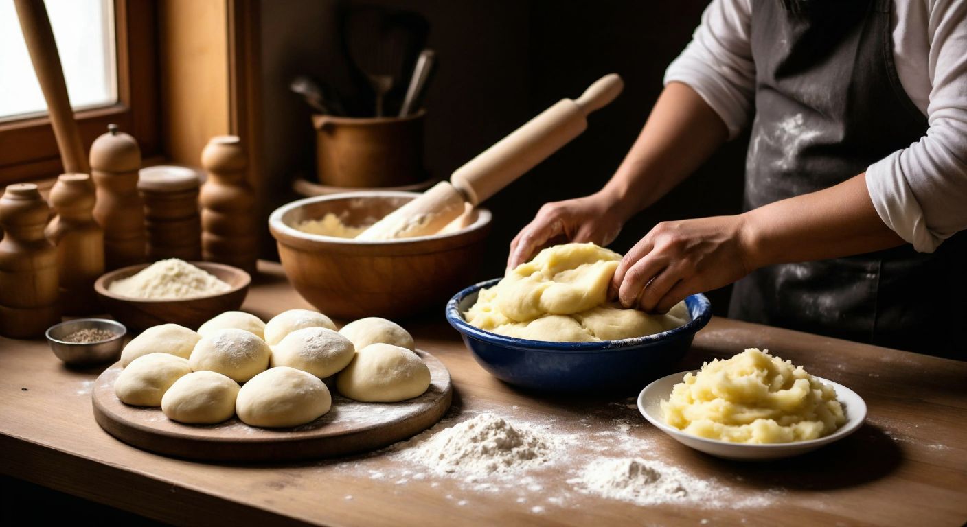A warm Turkish kitchen with a wooden table displaying freshly rolled dough, a bowl of mashed potatoes, and scattered flour, while hands knead the dough with a rolling pin nearby.