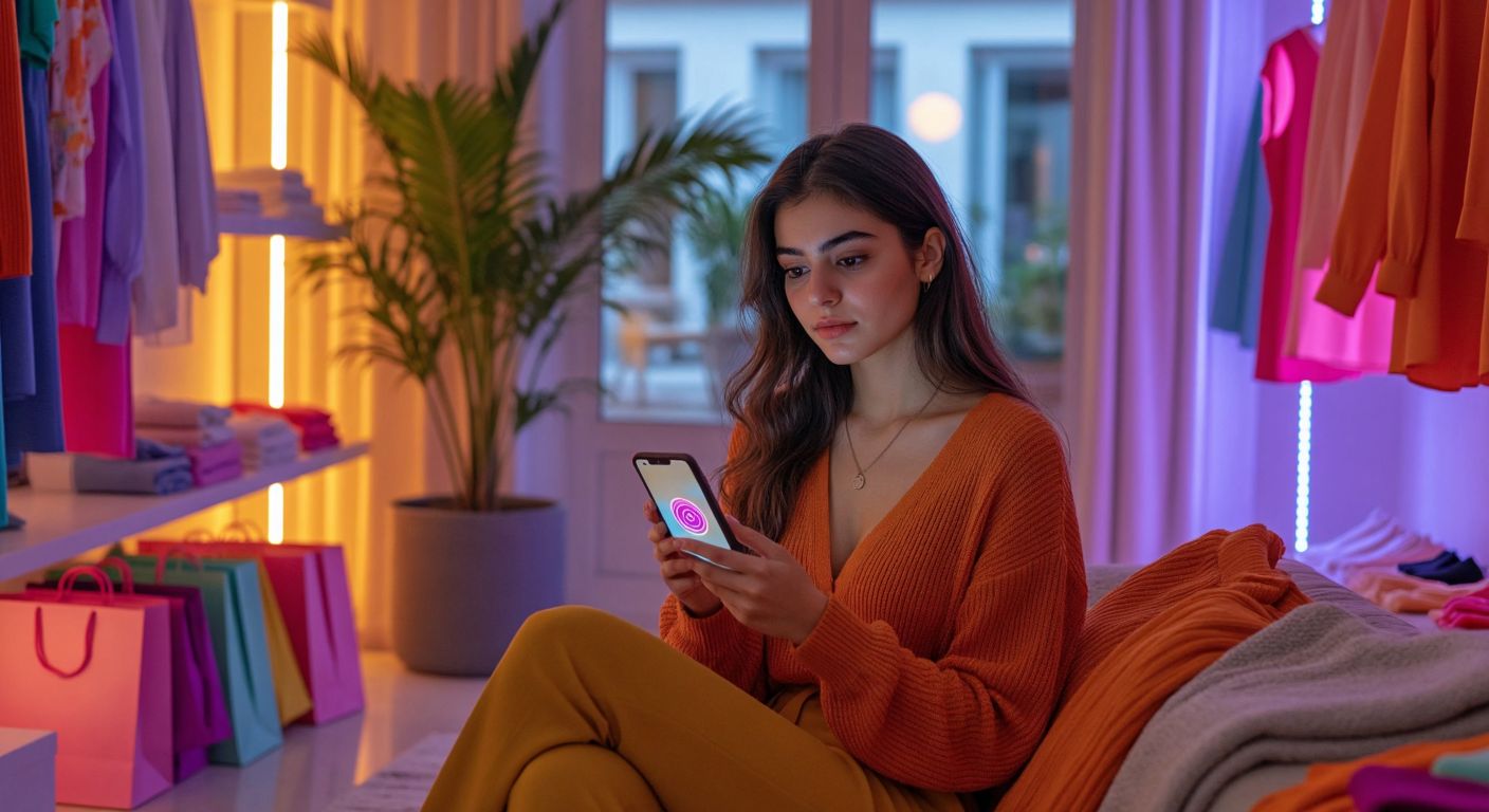 A young Turkish woman in a modern home gazes thoughtfully at a glowing shopping app on her phone, surrounded by neatly arranged Trendyol packages and colorful fashion items.