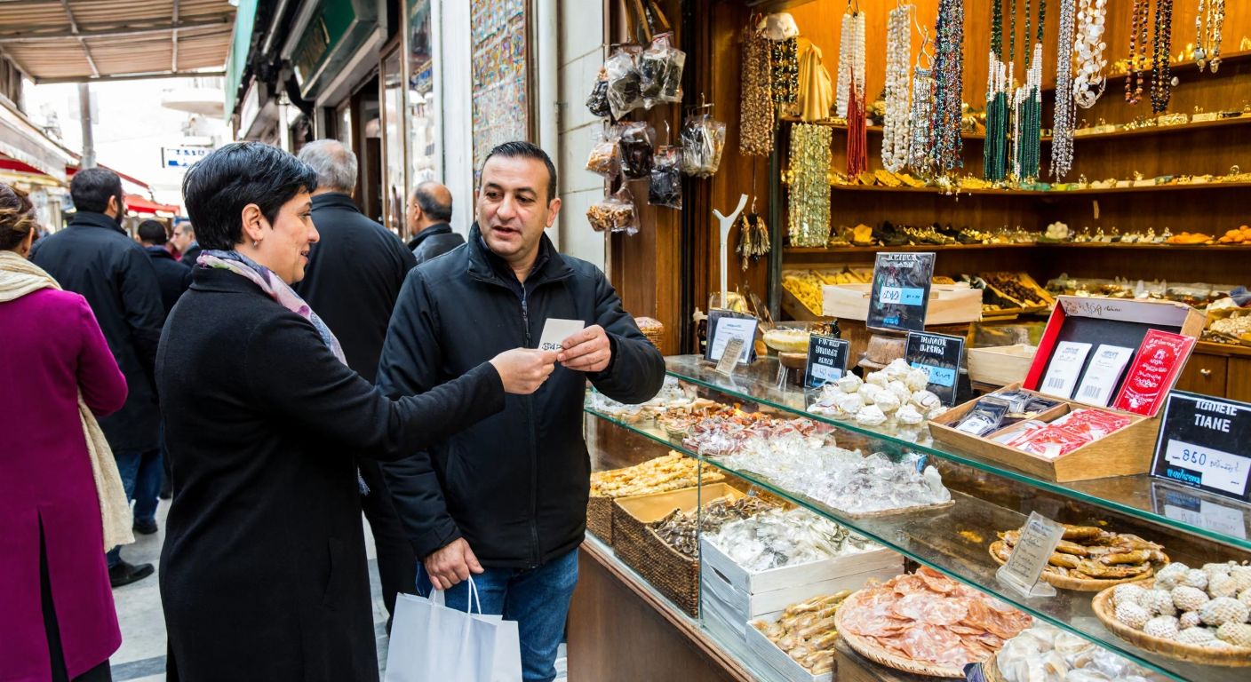 A bustling Turkish marketplace with a vendor exchanging a Ticket meal card for cash with a customer, while other shopkeepers display jewelry and food items in the background.