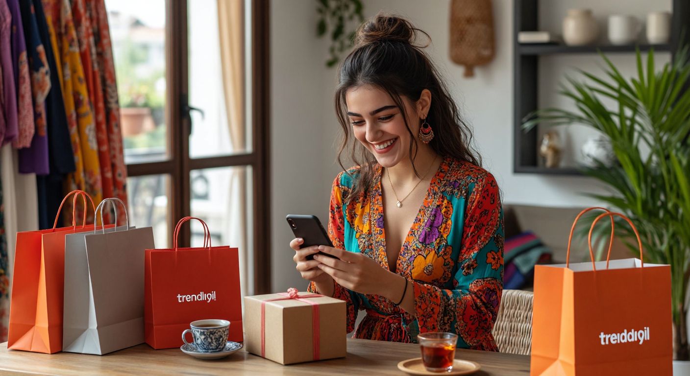 A smiling woman in a modern Turkish home excitedly browses colorful clothing and accessories on her phone while a package with the Trendyol logo sits on her table, surrounded by shopping bags and a cup of Turkish tea.