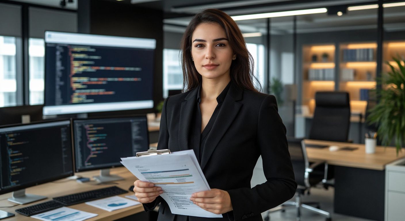 A poised Turkish woman in a professional suit stands confidently in a modern office, reviewing financial documents while a computer screen displays code in the background, symbolizing her dual roles as CFO and pioneering programmer.
