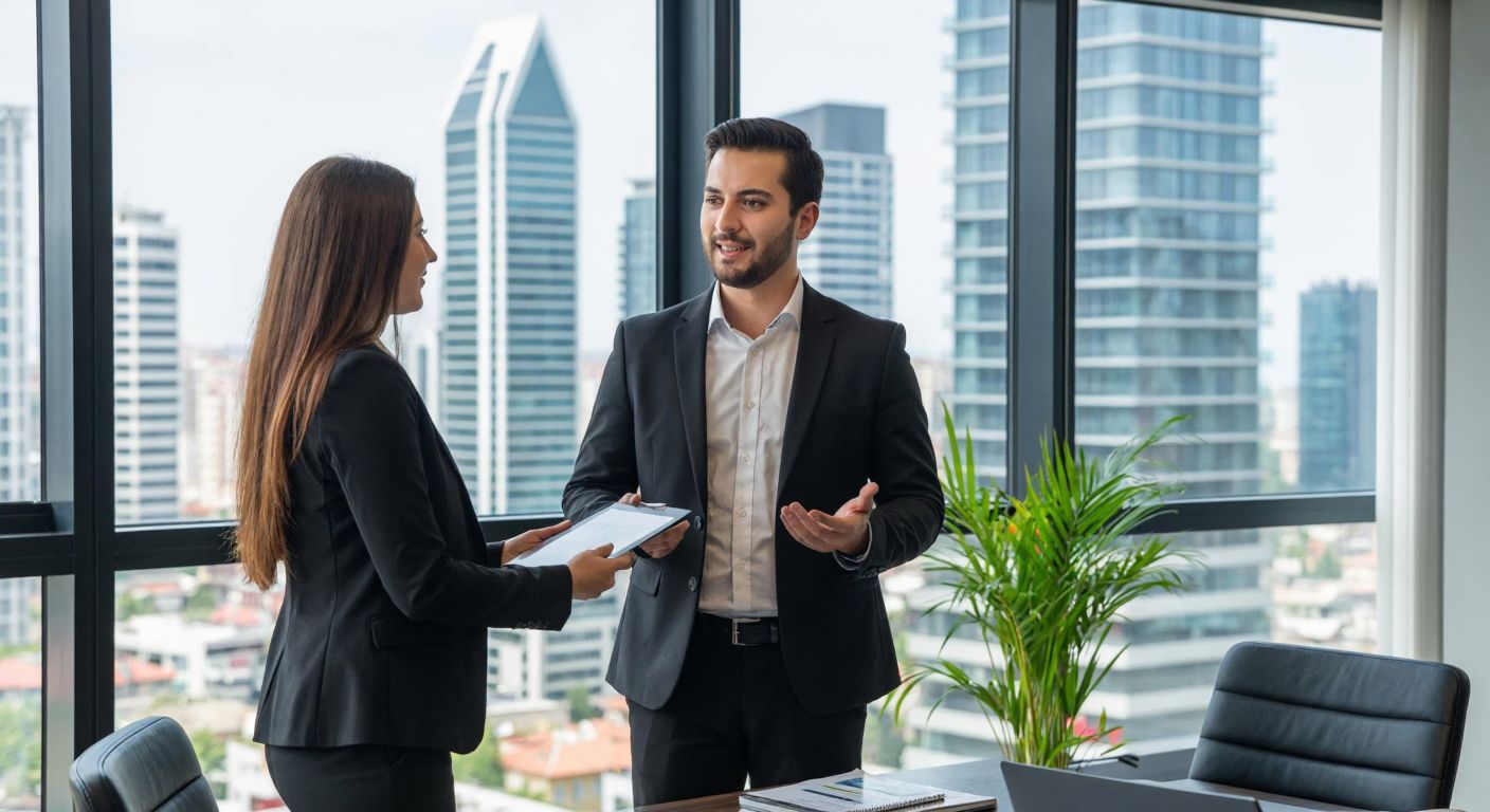 A professional Turkish real estate agent in a sleek office, confidently presenting property listings to a client, with a modern cityscape visible through the window.