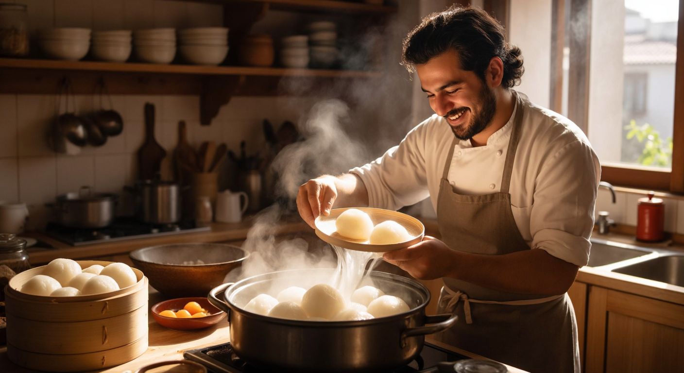 A steaming bamboo basket holds soft, translucent mochi dough over a bubbling pot, with a Turkish home cook in a cozy kitchen smiling as they check its sticky texture.