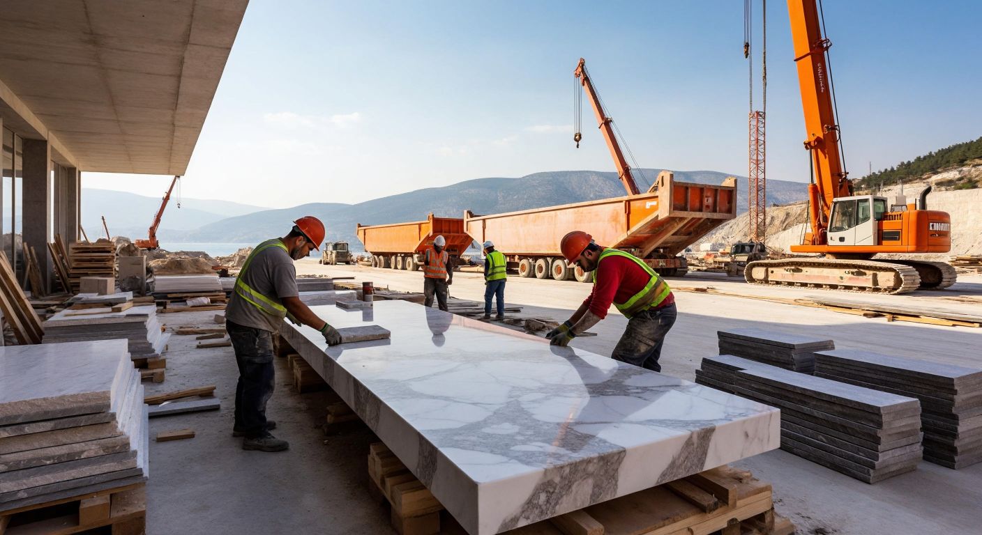 A modern construction site in Turkey with workers installing marble countertops and stone wall panels, while trucks loaded with building materials and a ship under repair are visible in the background.