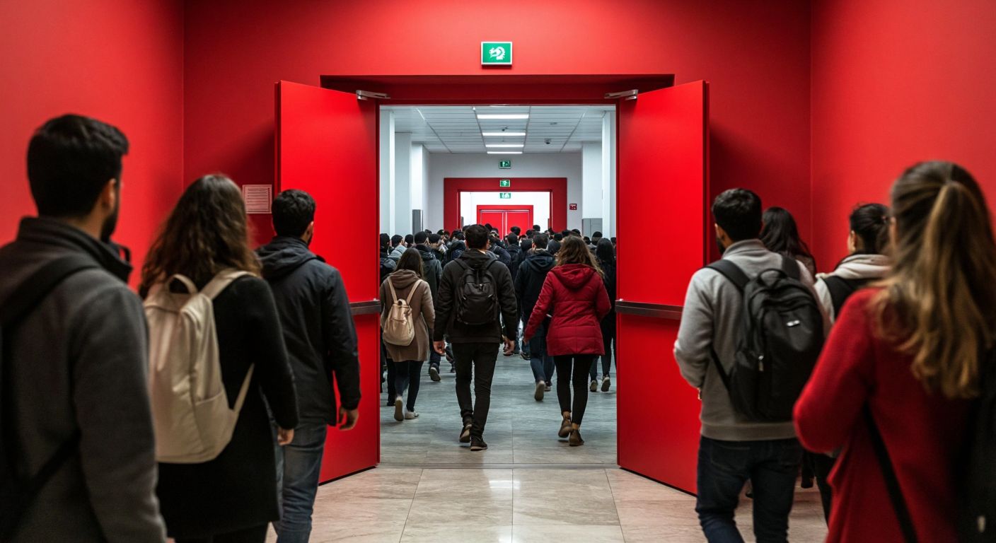 A wide, bright red double-door emergency exit in a bustling Turkish building, with a panic bar across both doors and a crowd of diverse people swiftly evacuating through them, their faces showing urgency and relief.