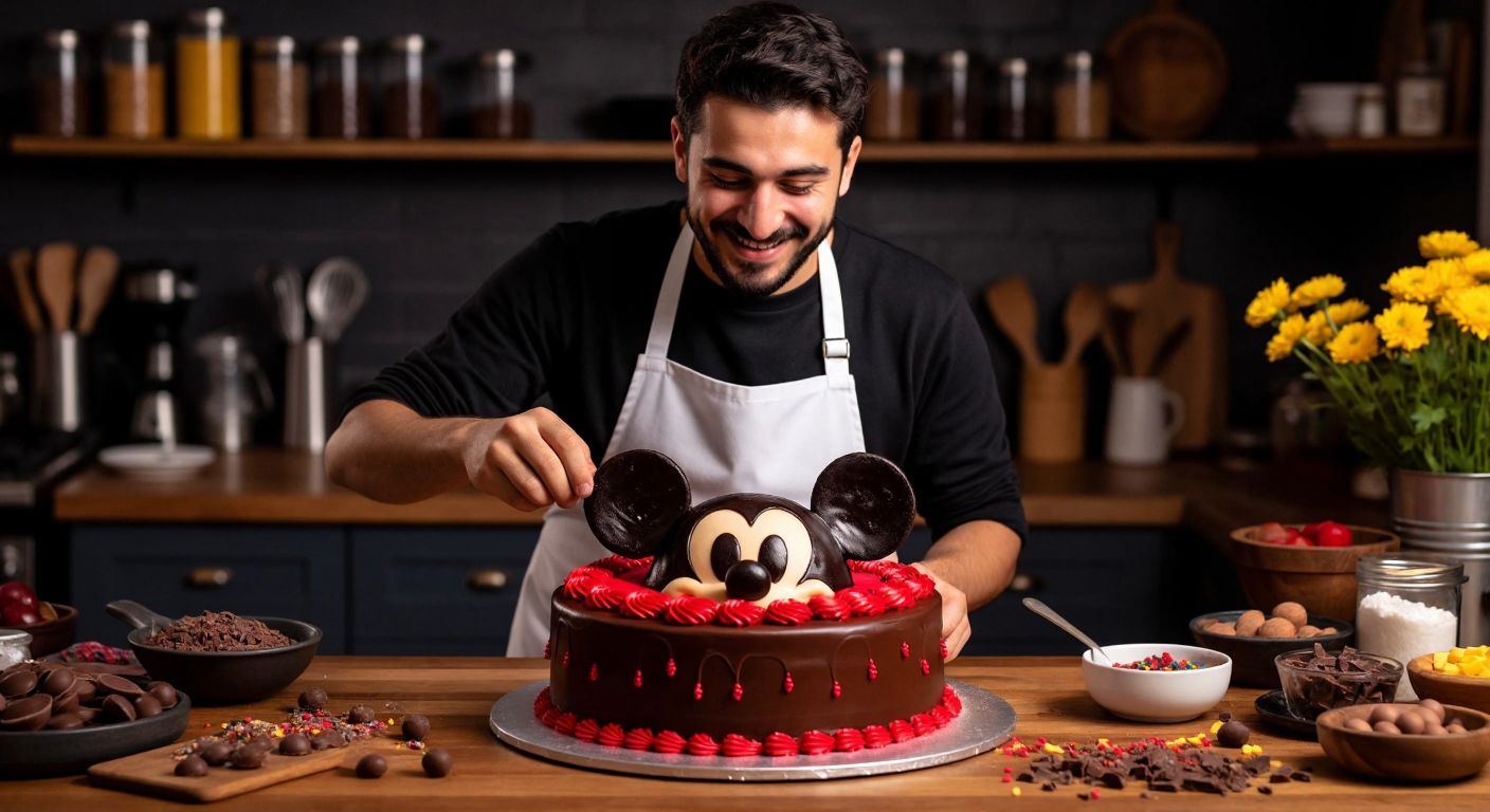 A smiling Turkish baker in a cozy kitchen decorates a chocolate cake shaped like Mickey Mouse’s face, using red and black frosting, while colorful sprinkles and chocolate pieces are scattered on the counter.