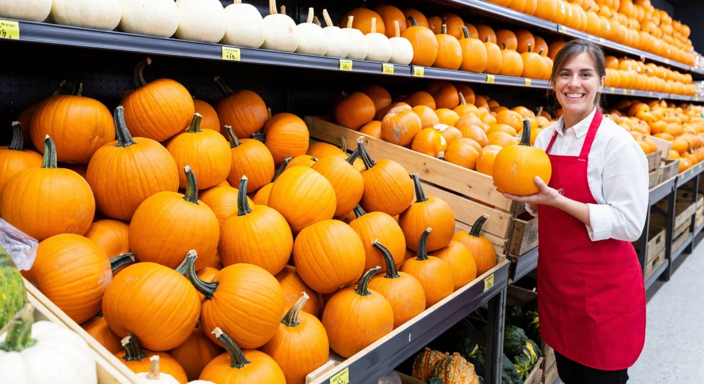 A vibrant display of orange and white pumpkins neatly stacked in wooden crates at a Migros supermarket aisle, with a smiling shop assistant in a red apron holding one up.