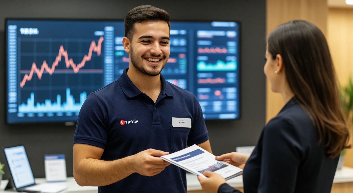 A modern Turkish bank branch with a smiling teller in a navy blue uniform handing a brochure to a customer, while a digital screen in the background subtly displays stock market graphs without text.