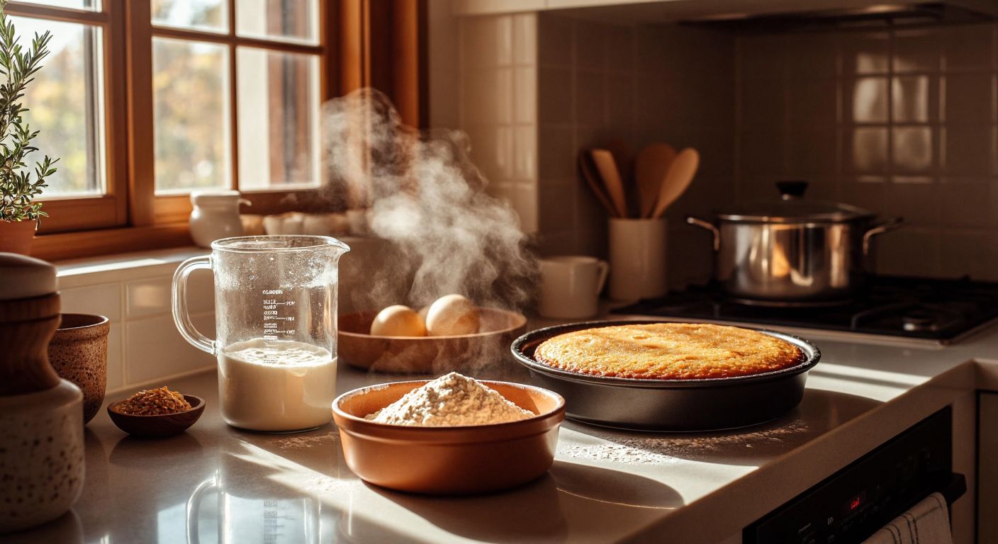 A Turkish kitchen counter with a glass measuring cup filled with flour, a mixing bowl, and a small golden cake fresh out of the oven, surrounded by warm steam and a cozy home atmosphere.