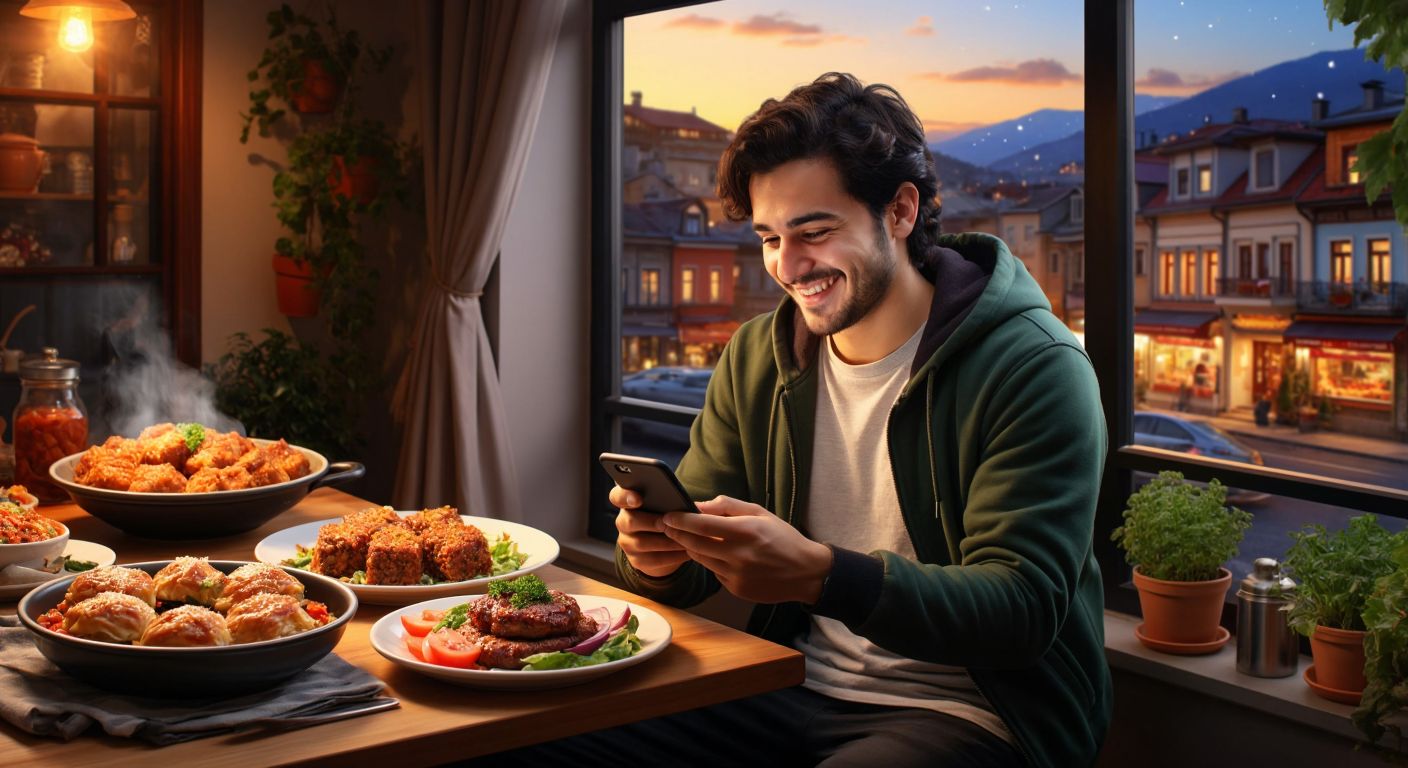 A smiling person in a cozy Bolu home eagerly browsing a colorful menu on a smartphone, surrounded by steaming plates of local dishes like kebap and baklava, with a delivery rider waiting outside the window.