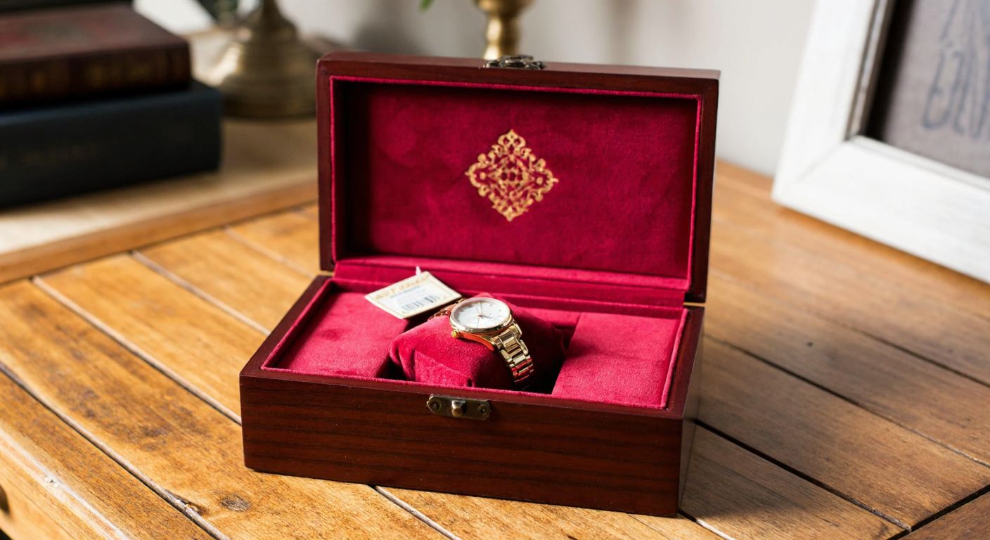 A polished wooden box lined with soft red velvet, cradling a delicate wristwatch, placed on a rustic wooden table in a warmly lit Turkish study.