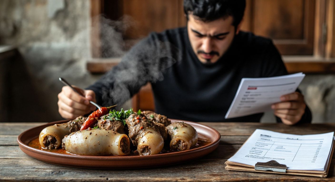 A steaming plate of şırdan (spiced lamb stomach) sits on a rustic wooden table, with a concerned person in casual Turkish attire hesitating to eat it while holding a diet plan checklist.