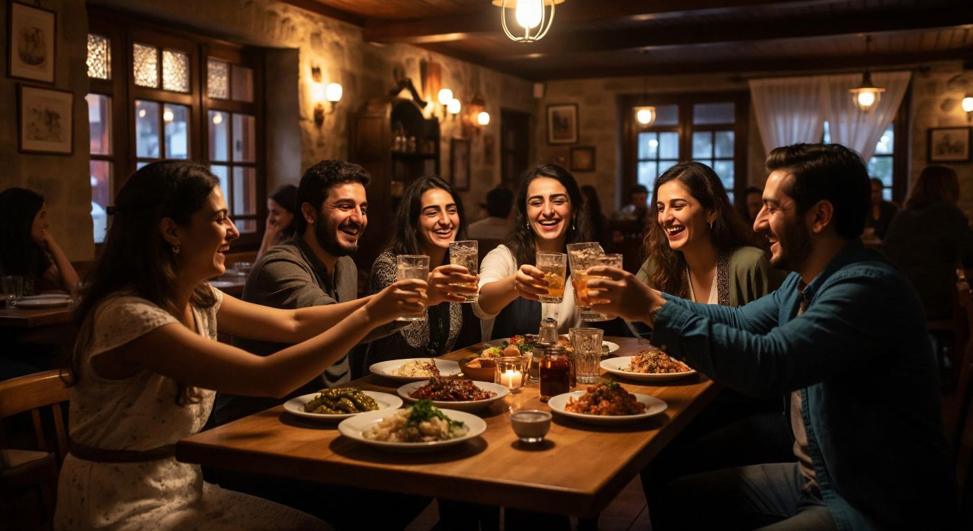 A warmly lit traditional Turkish meyhane with wooden tables, plates of meze, and glasses of rakı, where a group of friends laugh and clink their drinks in a lively atmosphere.