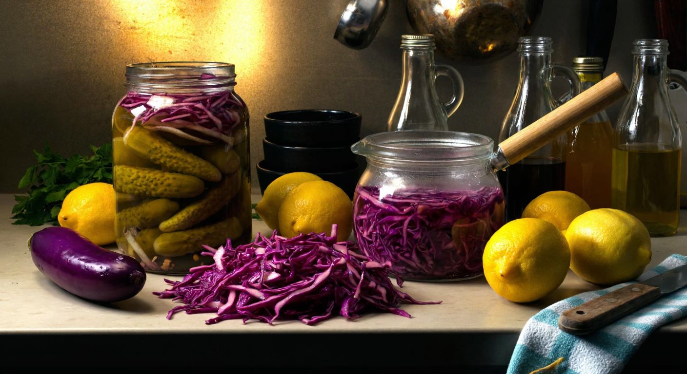 A rustic Turkish kitchen counter with a glass jar of pickles showing a bluish tint, surrounded by fresh lemons, vinegar bottles, and shredded purple cabbage, while a wooden spoon stirs the brine under warm, golden light.