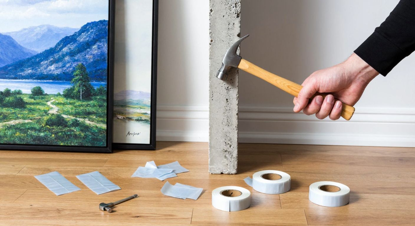 A hand holding a hammer and nail against a textured concrete column, with a framed landscape painting leaning beside it, surrounded by scattered adhesive hooks and double-sided tape rolls on a wooden floor.