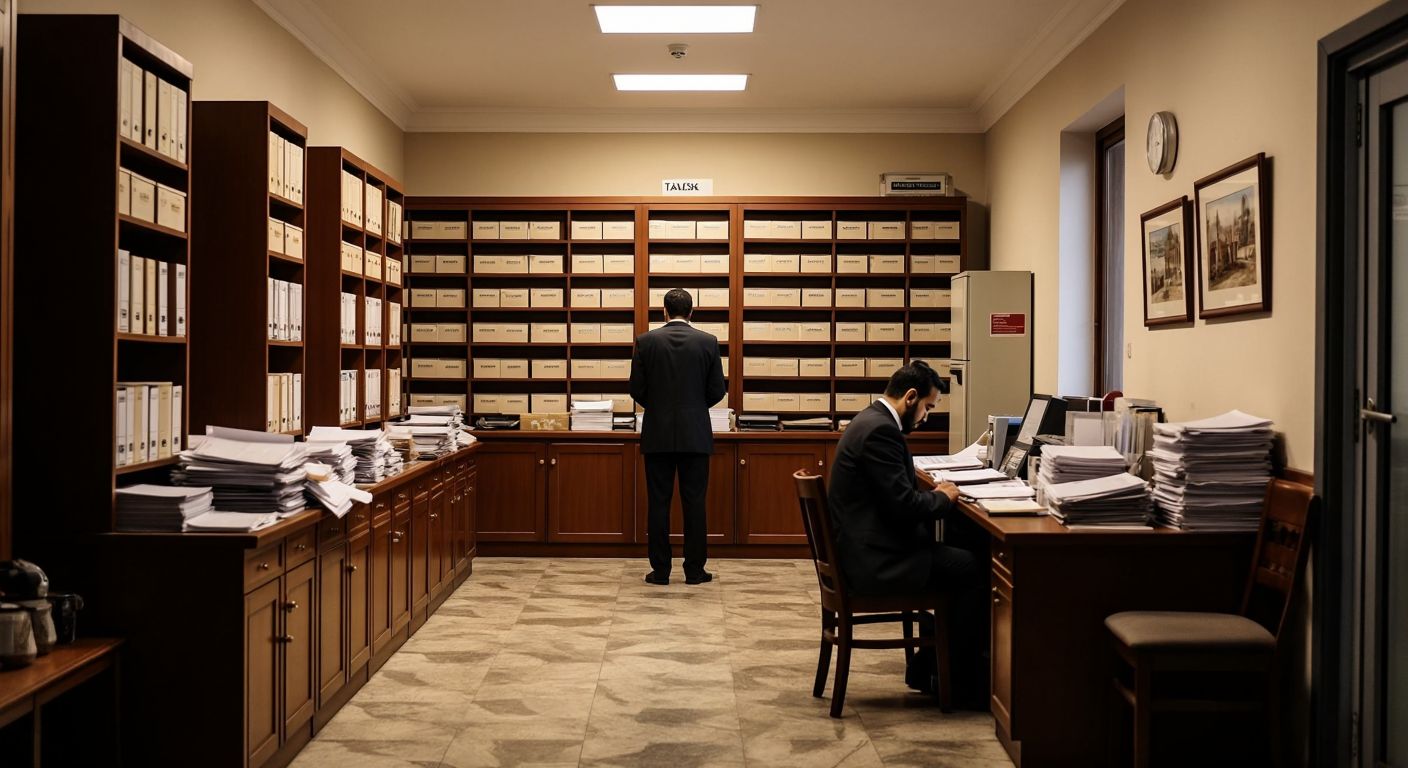 A Turkish tax office building with a neat row of file cabinets inside, a clerk in formal attire organizing documents, and a citizen waiting patiently at the counter under a signless wall.