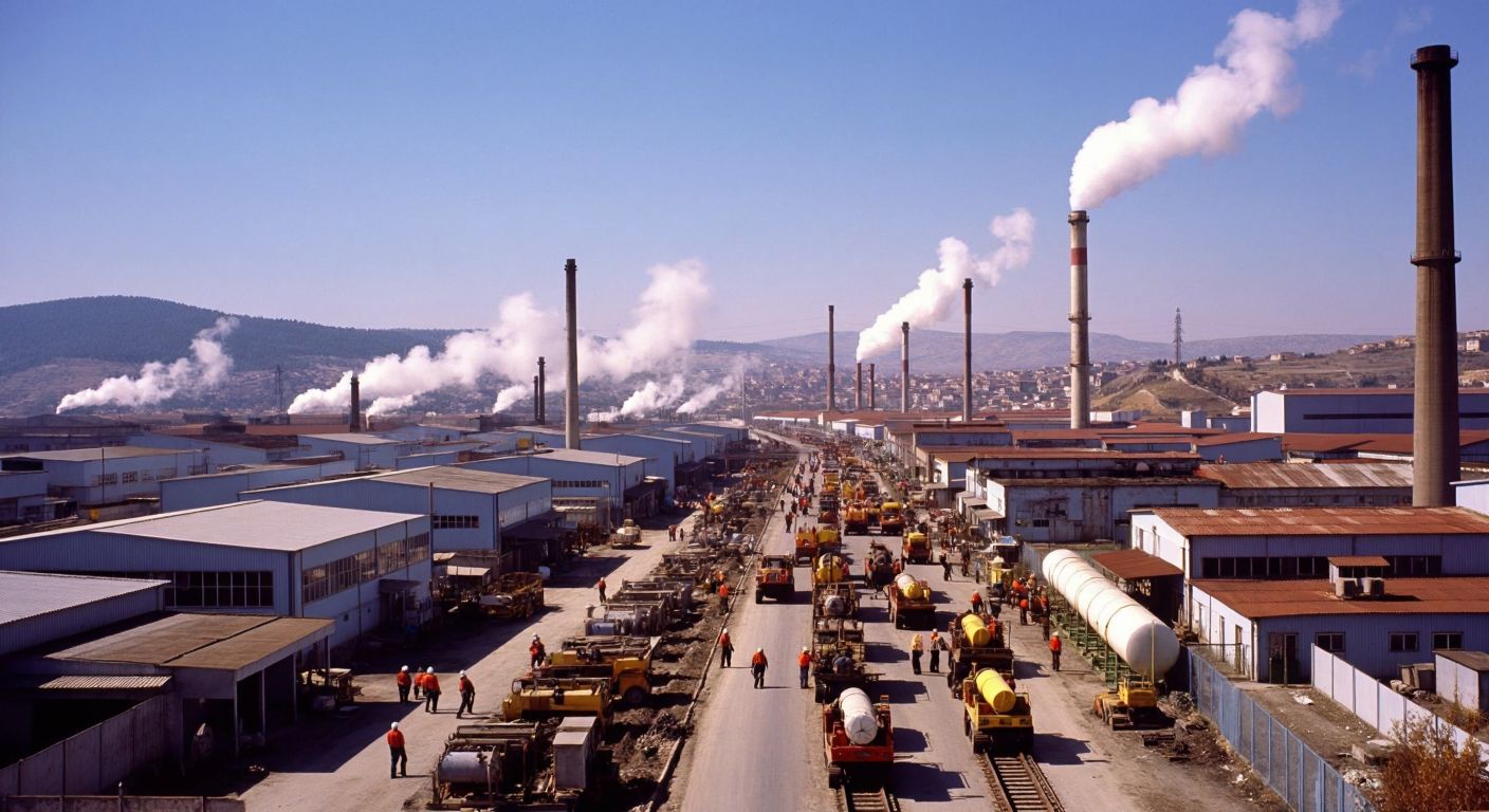 A bustling industrial zone in Turkey with rows of factories under a clear blue sky, workers in hard hats moving machinery, and smokestacks emitting thin plumes, symbolizing the 192 thriving industrial areas in 2002.