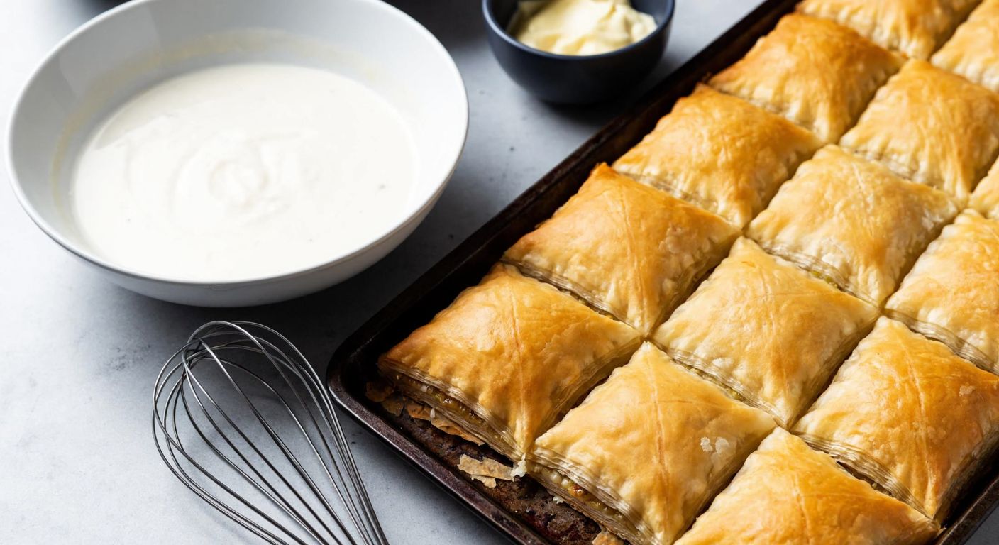 A Turkish kitchen counter with golden baklava dough layers, a bowl of creamy white sauce, a whisk resting beside it, and a warm, buttery aroma filling the air.