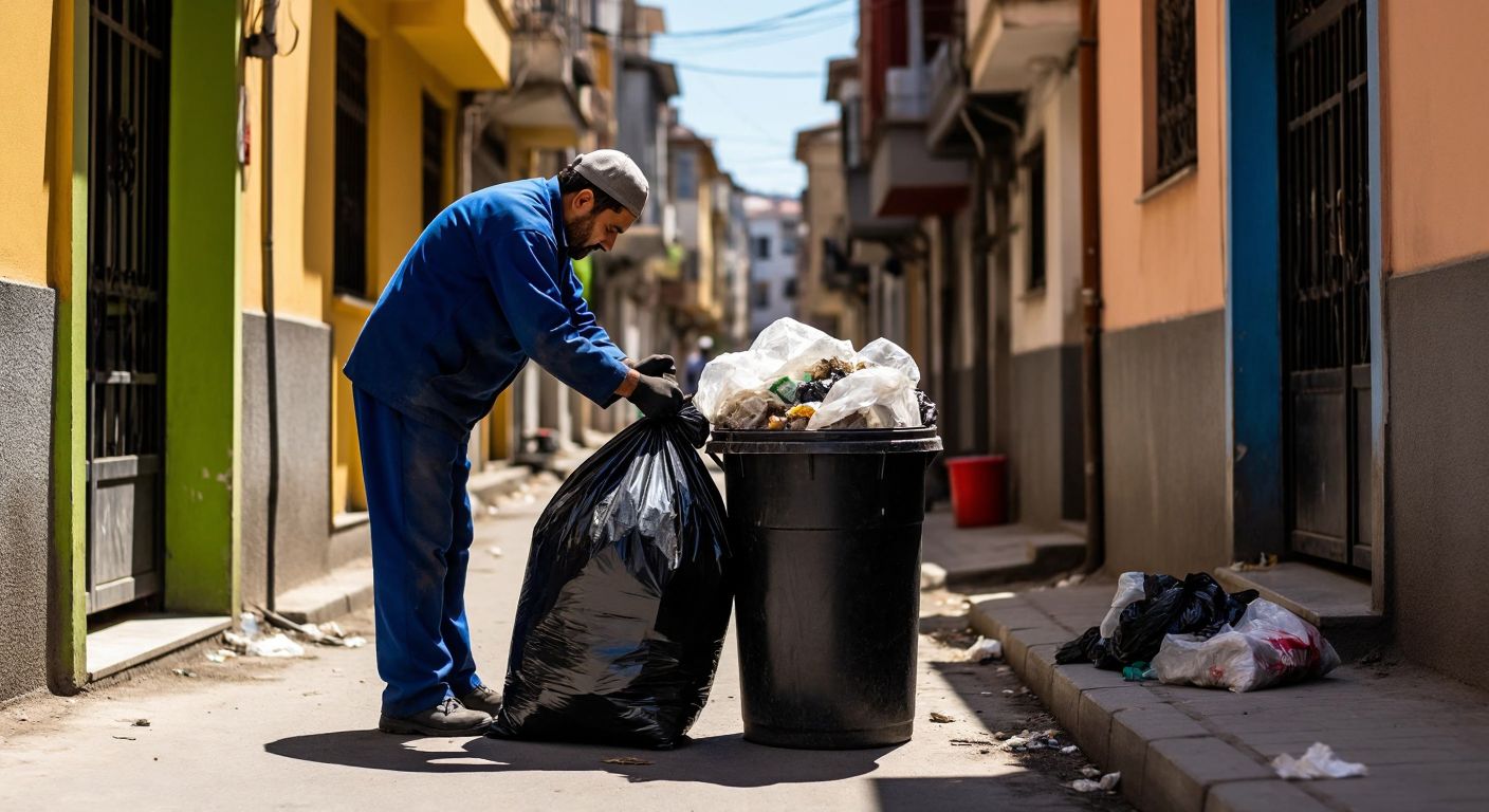 A sturdy black trash bag bulging with heavy waste sits beside a Turkish garbage bin in a sunlit alley, with a worker in a blue uniform lifting it effortlessly.