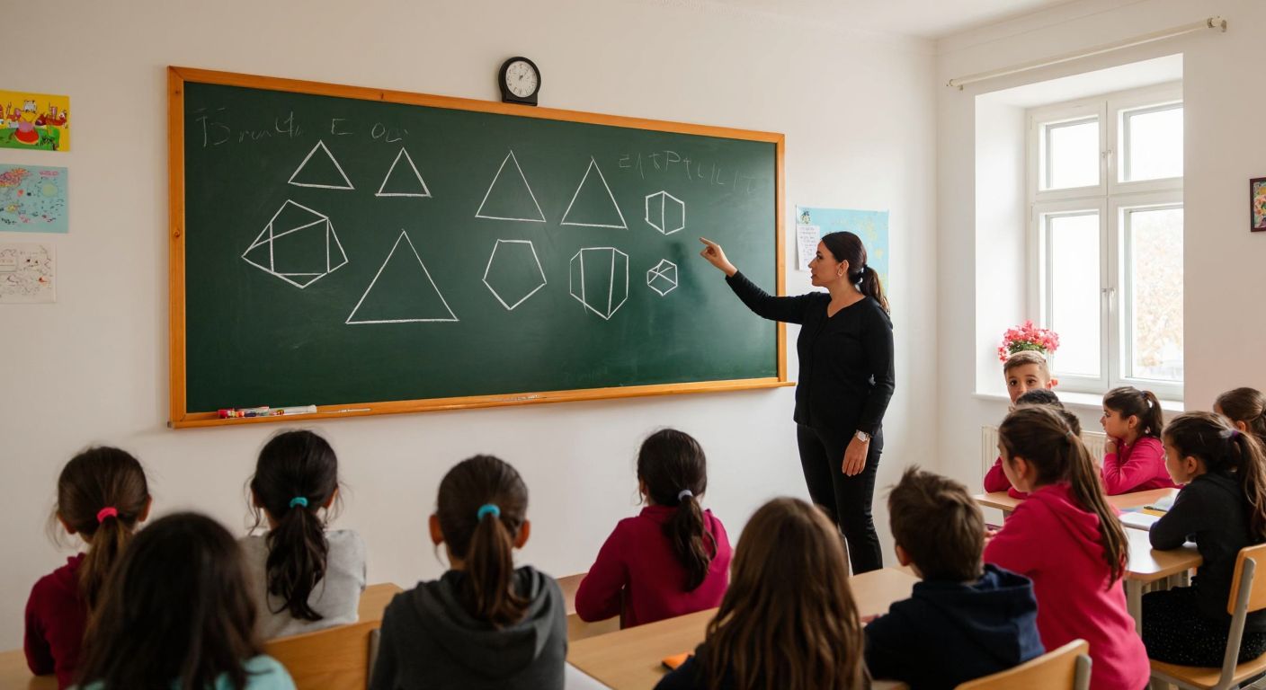 A bright classroom in Turkey with a teacher pointing at a chalkboard displaying perfectly drawn equilateral triangles, squares, pentagons, hexagons, and octagons, while students watch attentively.
