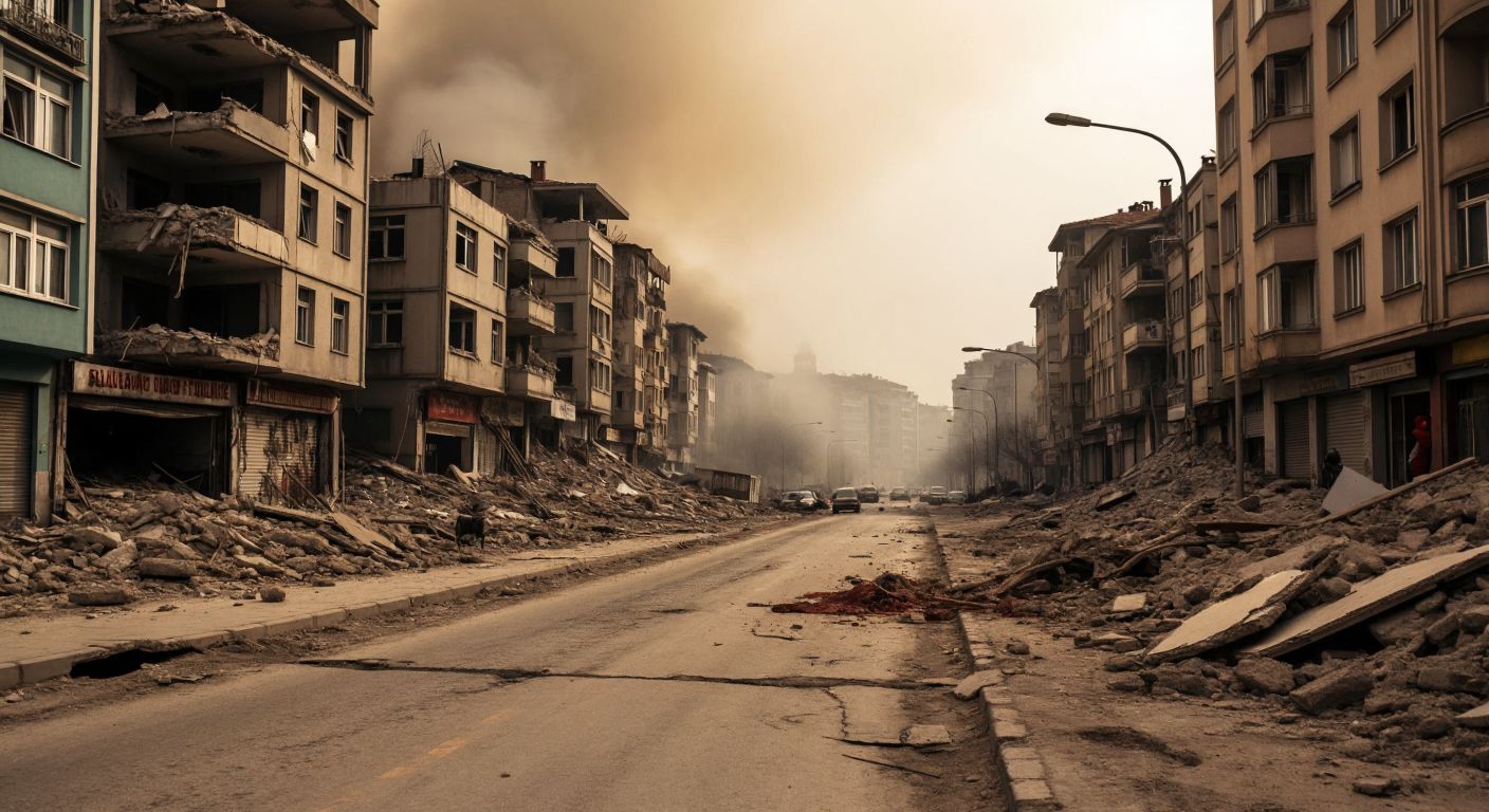A cracked urban street in Istanbul with collapsed buildings in the background, under a dusty, overcast sky, conveying tension and destruction.