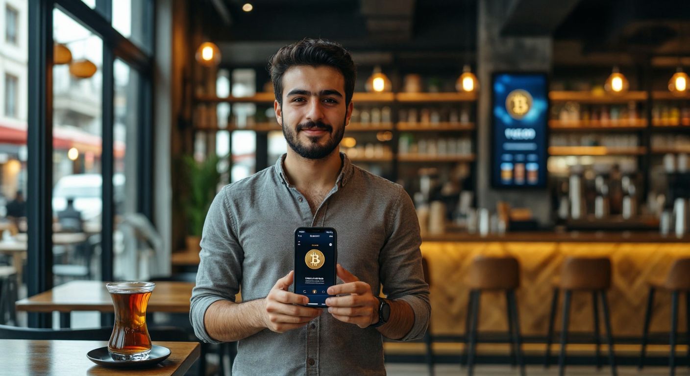 A young Turkish man in casual attire confidently holds up a smartphone displaying a sleek crypto wallet app, standing against a backdrop of a modern Istanbul café with a steaming cup of Turkish coffee on the table.