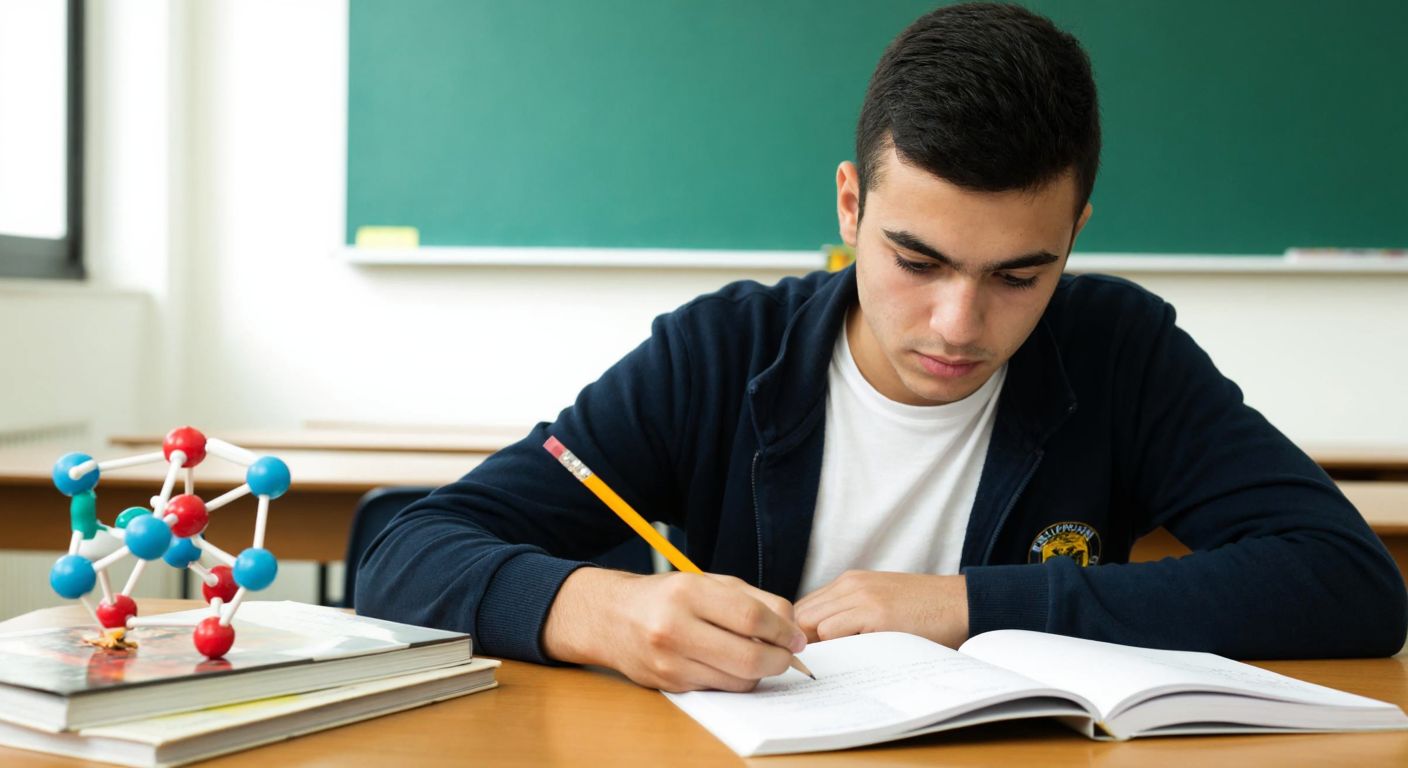 A Turkish high school student in a classroom, intently studying chemistry notes with a pencil in hand, while a molecular model and a stack of textbooks sit on the wooden desk beside them.