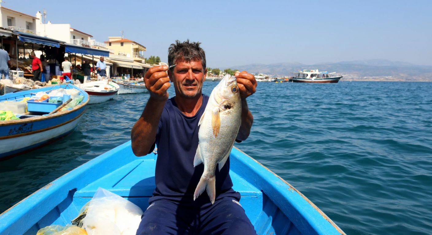 A fisherman in a blue boat holds up a rare, shimmering fangri fish against the backdrop of the Aegean Sea, with a bustling fish market in the distance where vendors display fresh catches.
