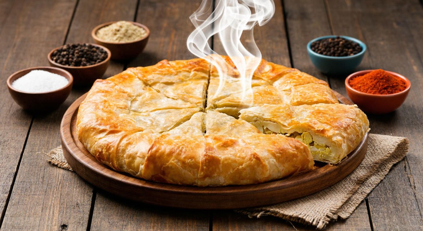 A golden, flaky cauliflower börek sits on a rustic wooden table, surrounded by small bowls of cumin, red pepper flakes, and black pepper, with steam rising from the pastry.