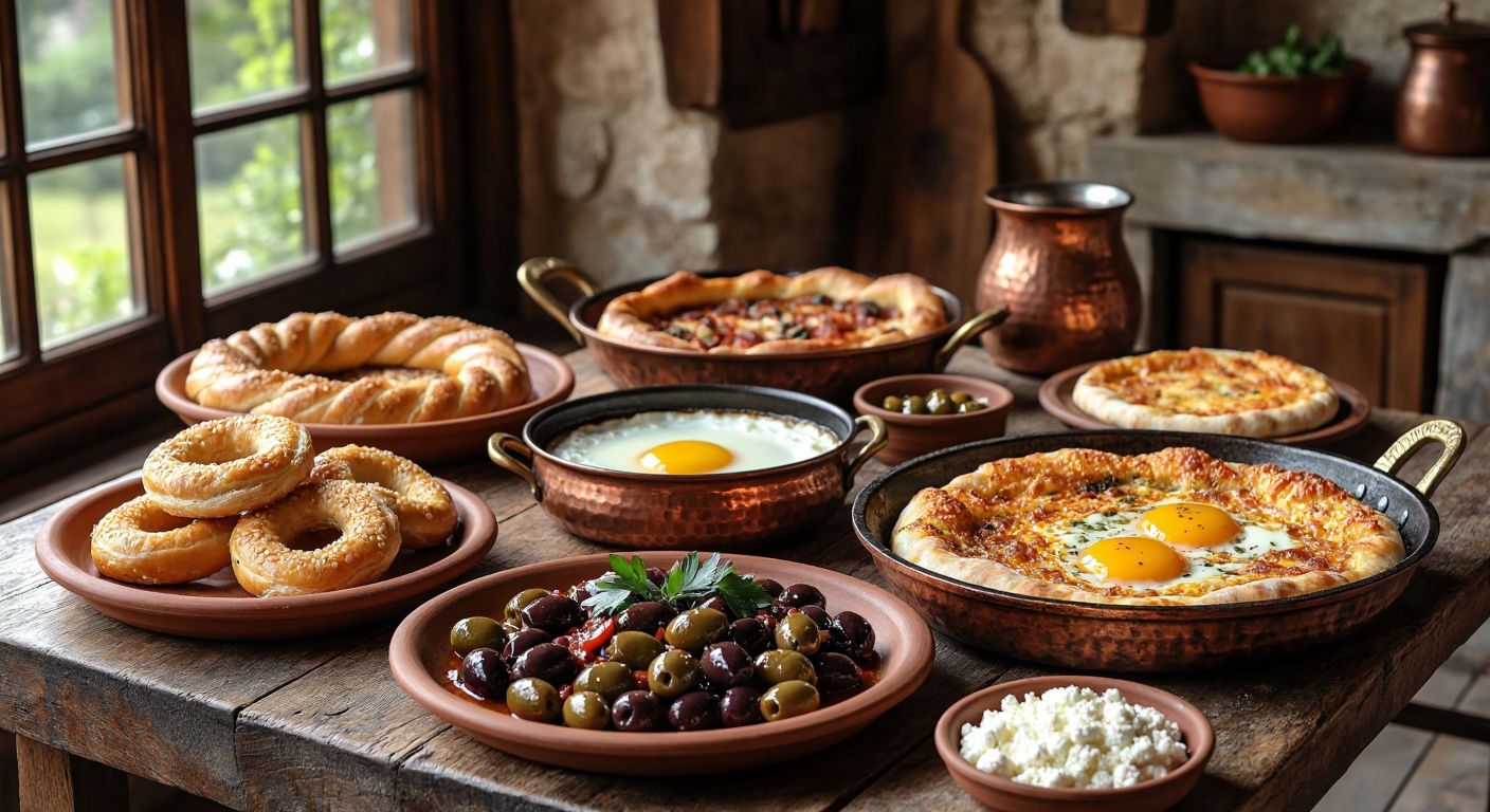 A rustic wooden table in a sunlit Turkish village home is laden with Kocaeli’s breakfast specialties: thick, golden simit rings, crumbly çökelek cheese on a clay plate, warm köy ekmeği, flaky börek, sizzling menemen in a copper pan, glossy olives, and sucuklu yumurta steaming in a cast-iron skillet.