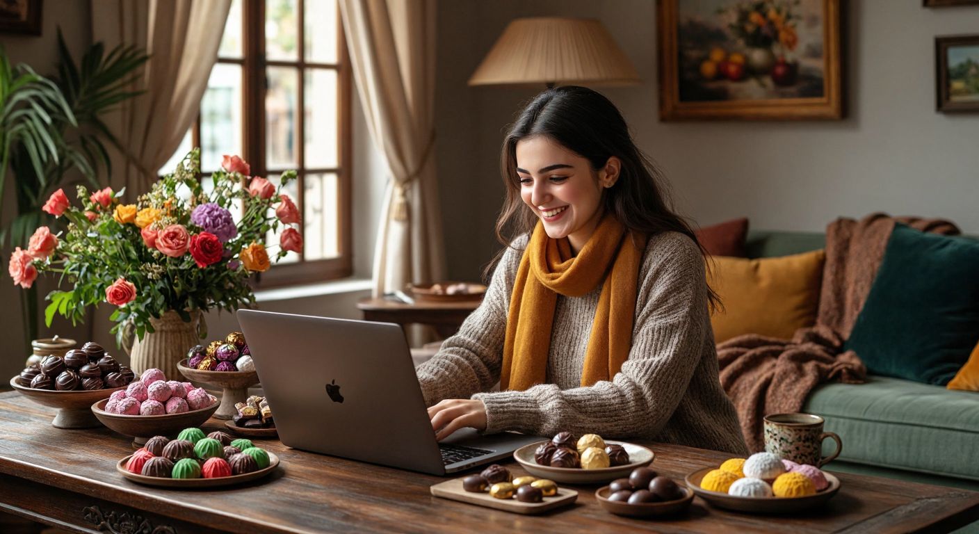 A cheerful Turkish shopper in a cozy home setting, browsing a laptop with a vibrant display of colorful Pelit products like chocolates and sweets on a wooden table.