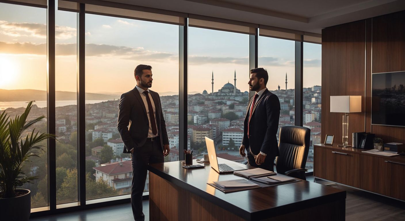 A modern Turkish corporate office with a confident top-level executive in a sharp suit standing at a large window overlooking Istanbul, while a middle-level manager in a formal shirt and tie reviews documents at a desk nearby, symbolizing hierarchy and responsibility.