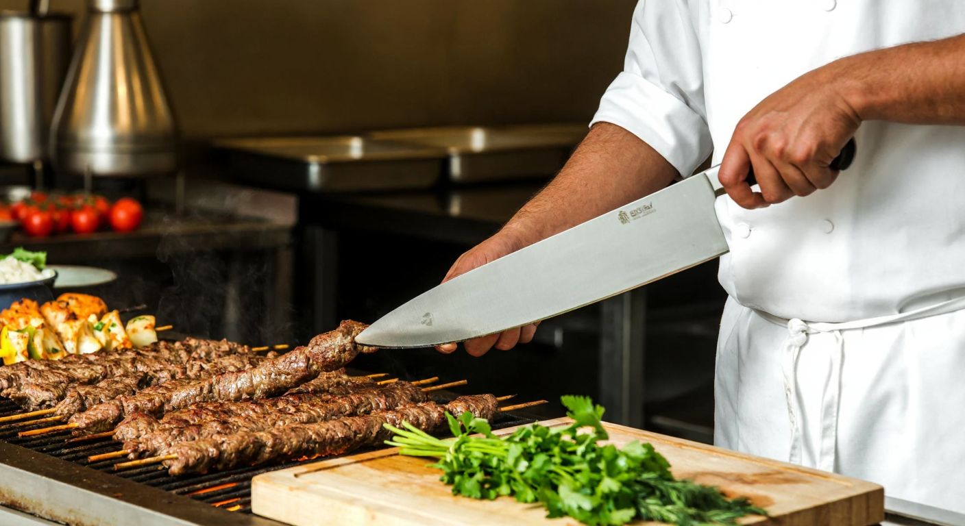 A skilled chef in a bustling Turkish kitchen wields a long, gleaming zırh knife (28-40 cm) as he slices tender meat for kebabs, with a sizzling grill and fresh herbs nearby.