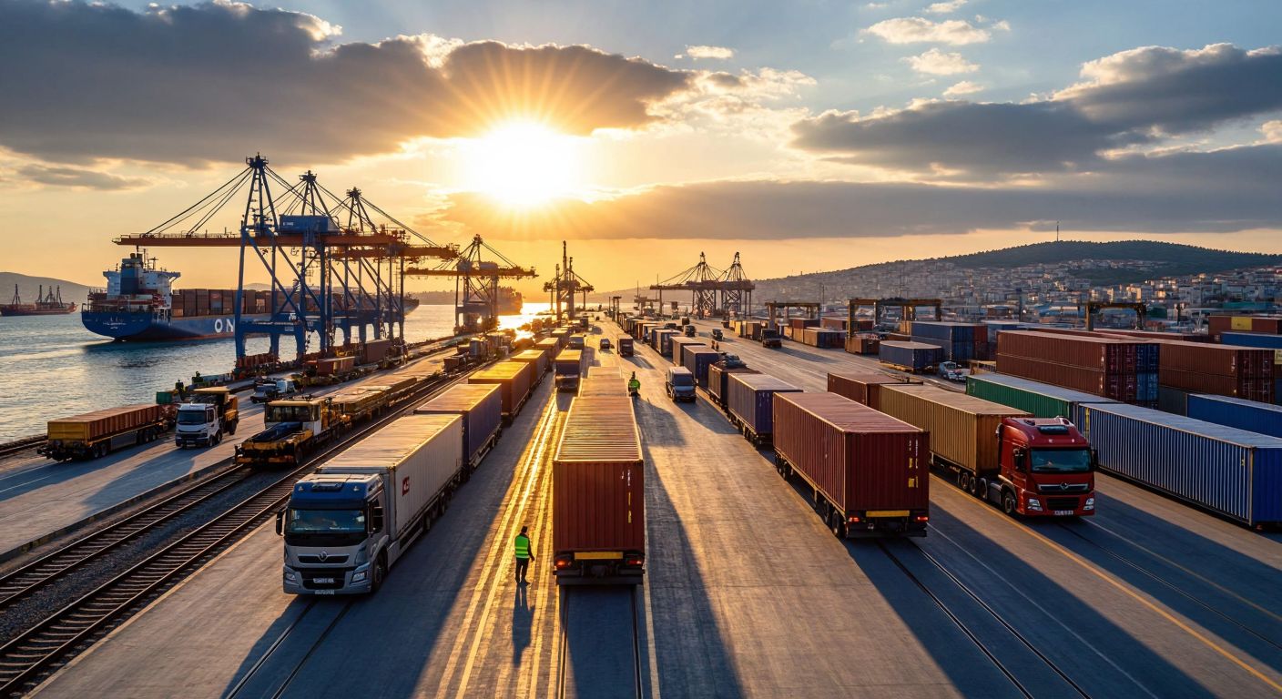 A bustling Turkish port scene with cargo ships, freight trains, and trucks moving containers, while workers in high-visibility vests oversee operations under a bright sun.