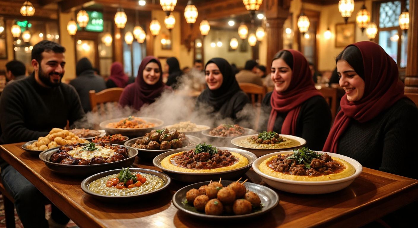 A warmly lit traditional Gaziantep restaurant table laden with steaming plates of Ali Nazik (smoky eggplant with minced meat), nohut dürümü (chickpea wrap), simit kebabı (bulgur and meat patties), yuvalama (soup with tiny meatballs), and fıstıklı kebap (pistachio-studded skewers), surrounded by smiling locals in a bustling, lantern-adorned dining space.