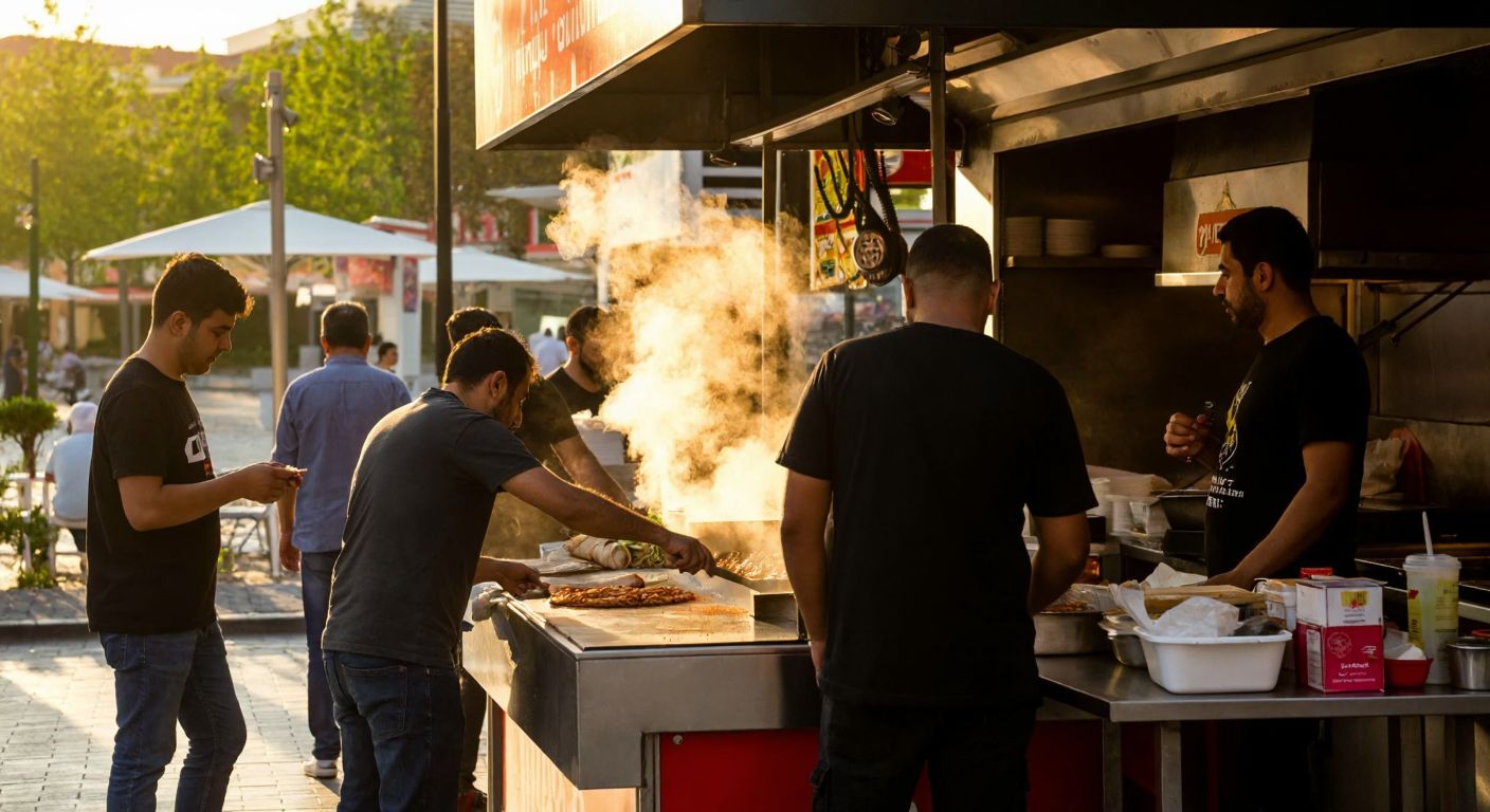 A bustling Turkish street food stall with a steaming hot tantuni wrap being prepared, surrounded by eager customers in Mersin’s Forum shopping district, under warm golden sunlight.