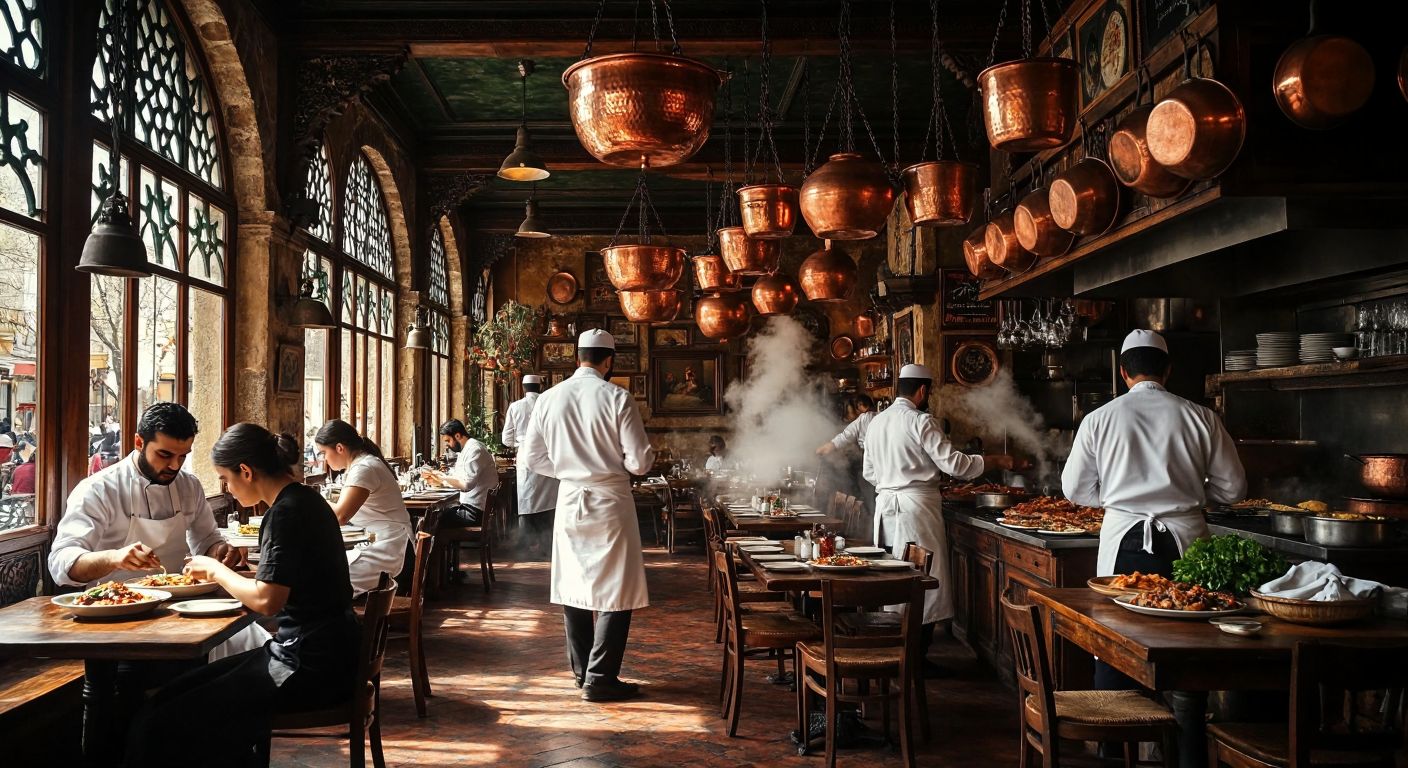 A bustling, warmly lit traditional Turkish restaurant with aged wooden tables, copper pots hanging on the walls, and waiters in crisp white aprons serving steaming plates of Ottoman-era dishes to contented diners.